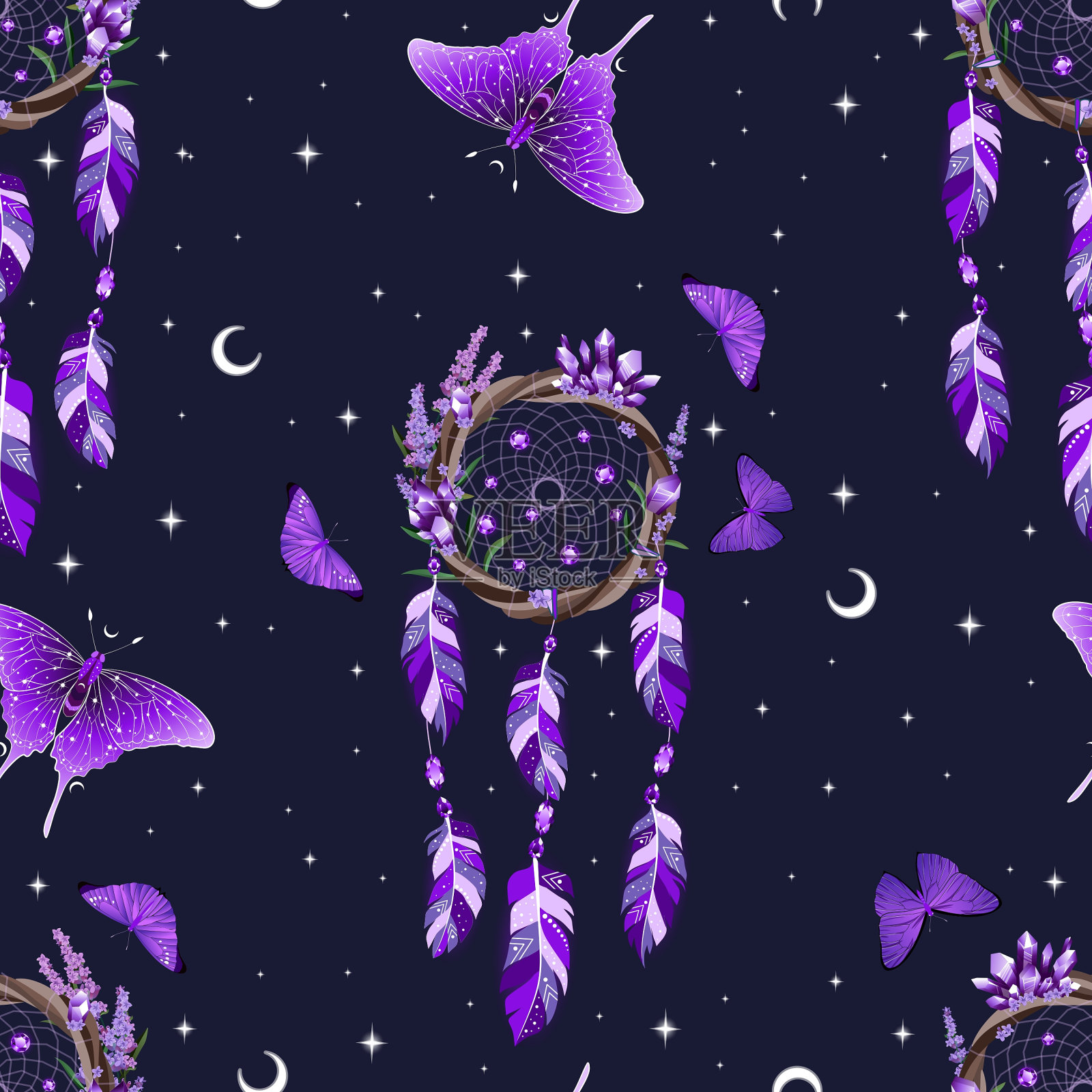 矢量无缝图案与神秘的天体元素，捕梦网，新月，挂羽毛。插画图片素材