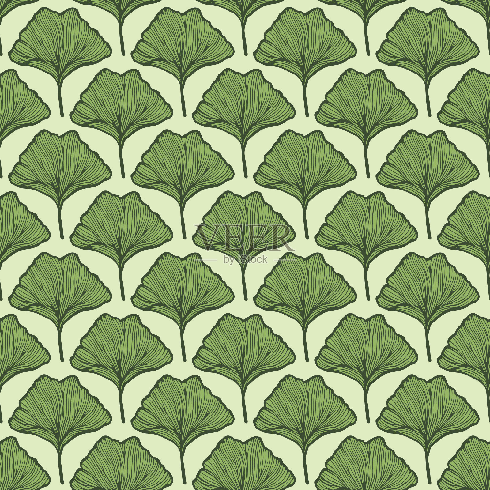 无缝图案雕刻叶银杏叶。复古背景植物学与叶在手绘风格。插画图片素材