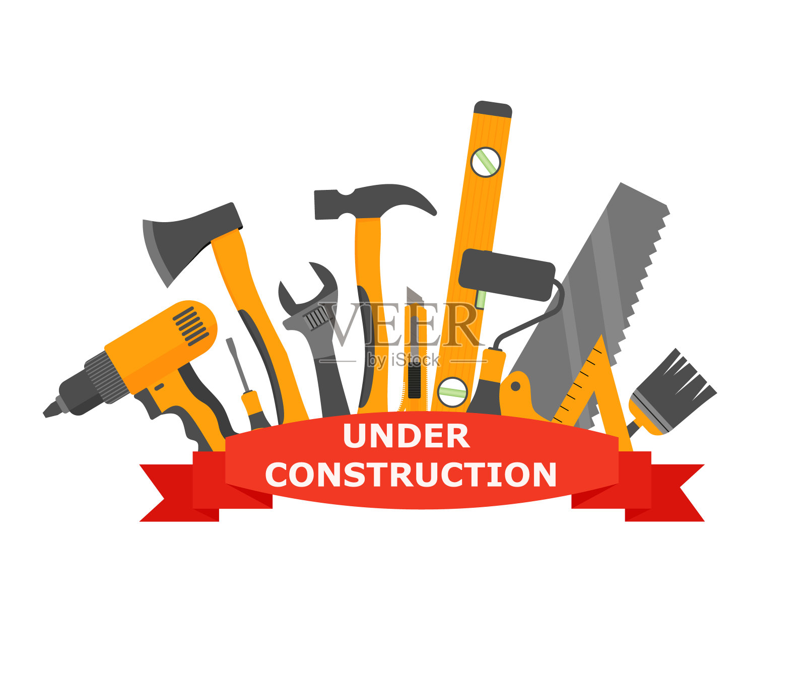 建筑及建筑设备横幅。锯子斧头水平，油漆工刷锤子扳手螺丝刀。平面风格的插图。插画图片素材