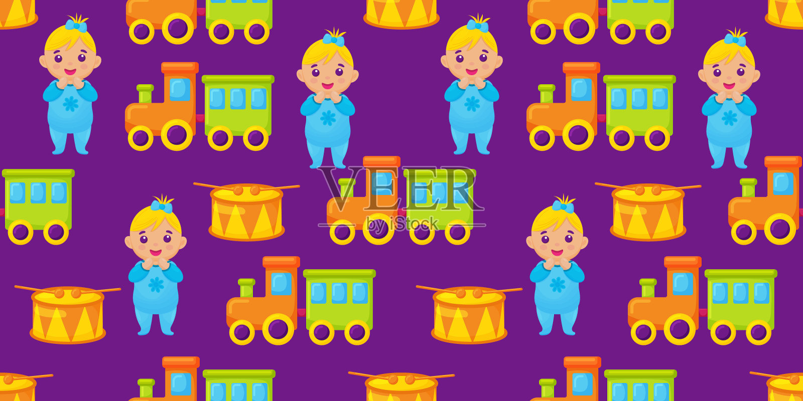 玩具可爱娃娃，火车和鼓无缝图案。矢量图插画图片素材