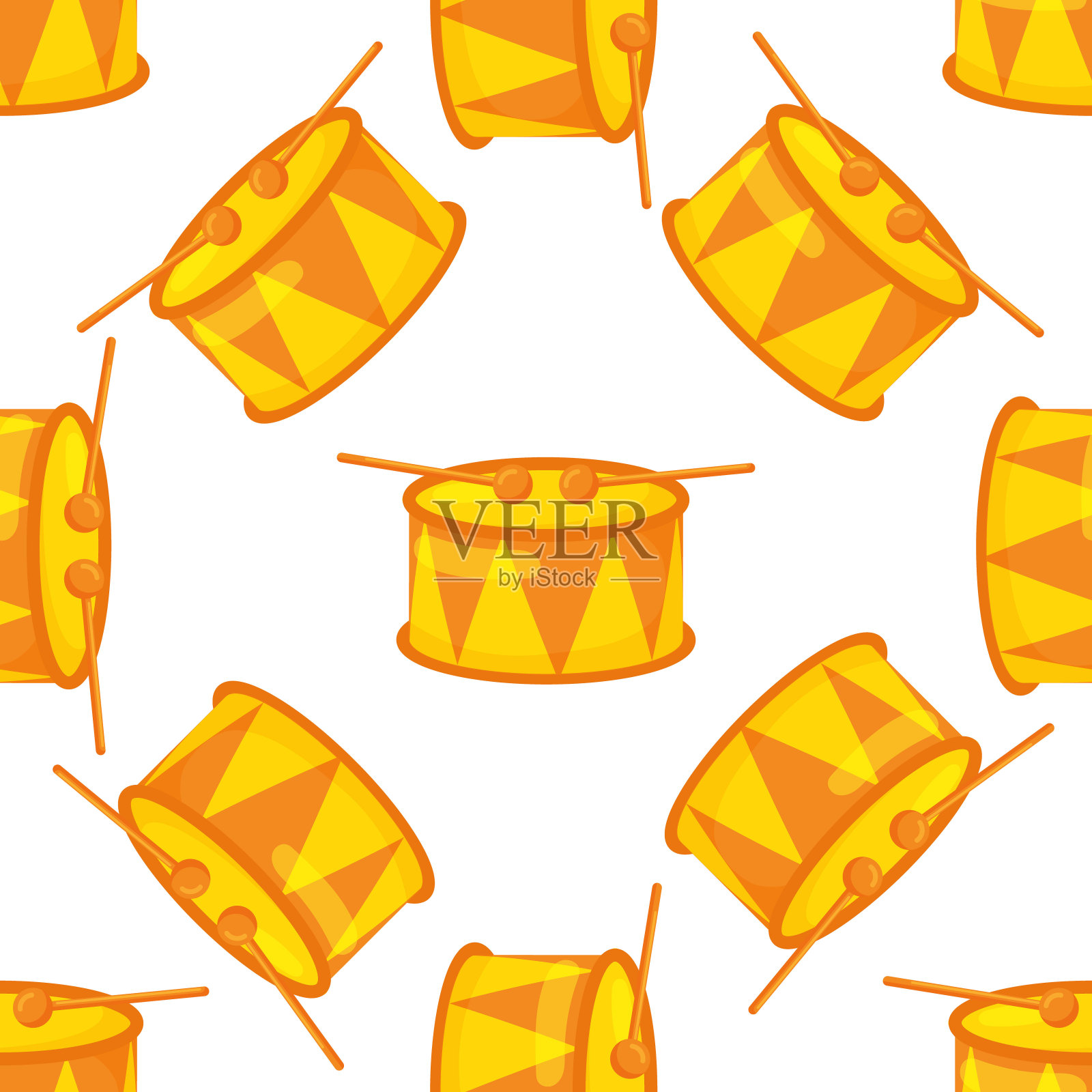 无缝图案与鼓和鼓棒的背景。平面向量插图。矢量图插画图片素材