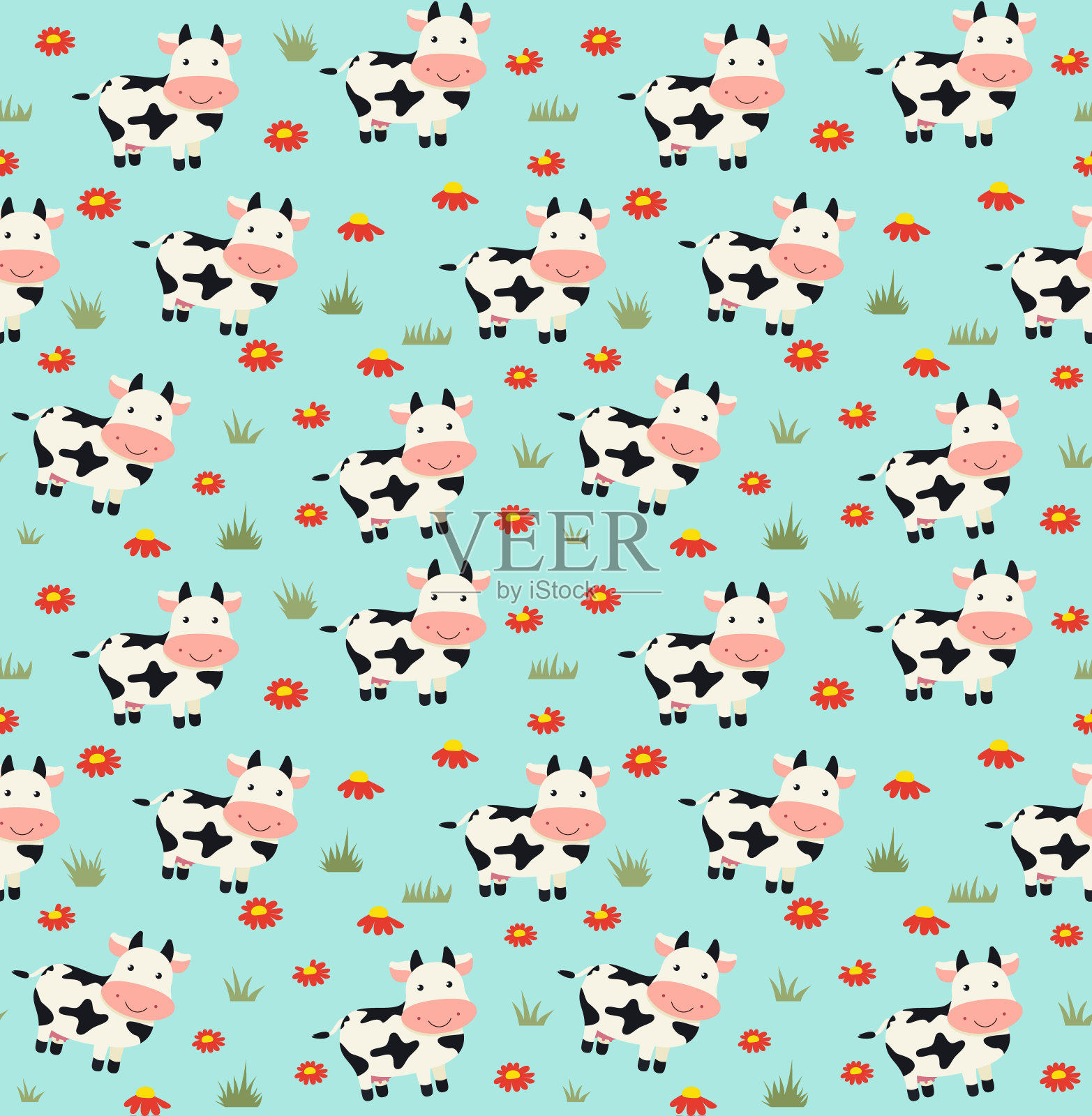 可爱的无缝奶牛孩子气图案。矢量插图。插画图片素材
