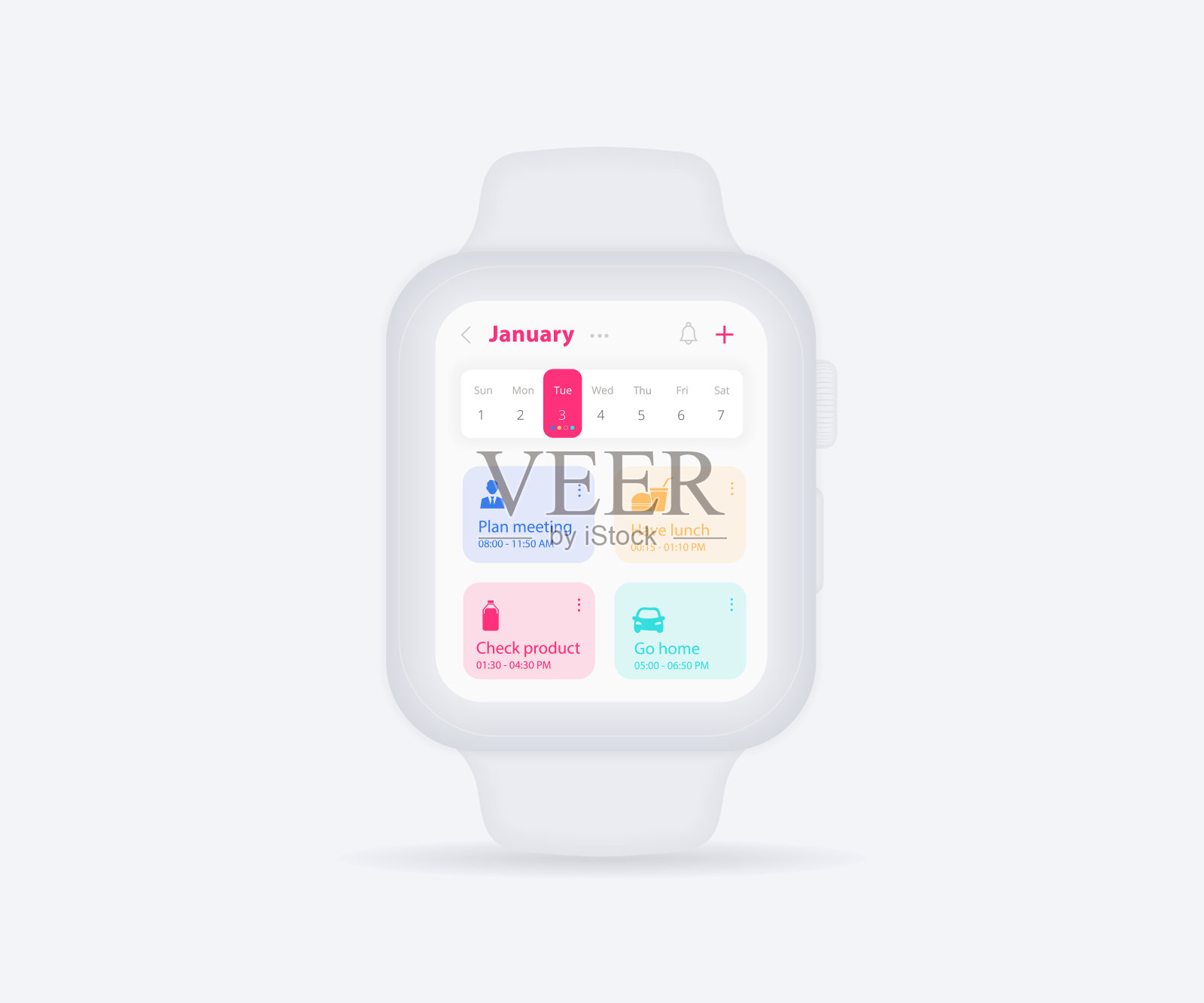 智能手表日历计划应用概念，活动日历时钟UI UX，腕表日历日程议程年度计划会议应用，日历事件，约会，事件健身，矢量插画图片素材