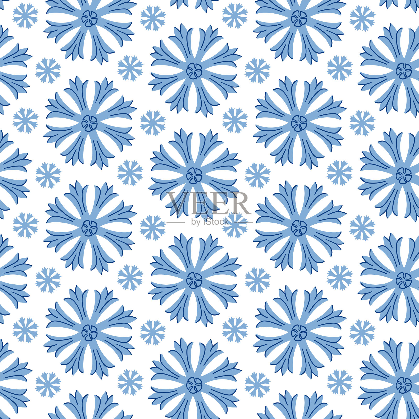 白色背景上的大蓝色矢车菊无缝图案。野外,鲜花。夏天矢量插图。用于织物、纺织品、包装纸的印刷。插画图片素材