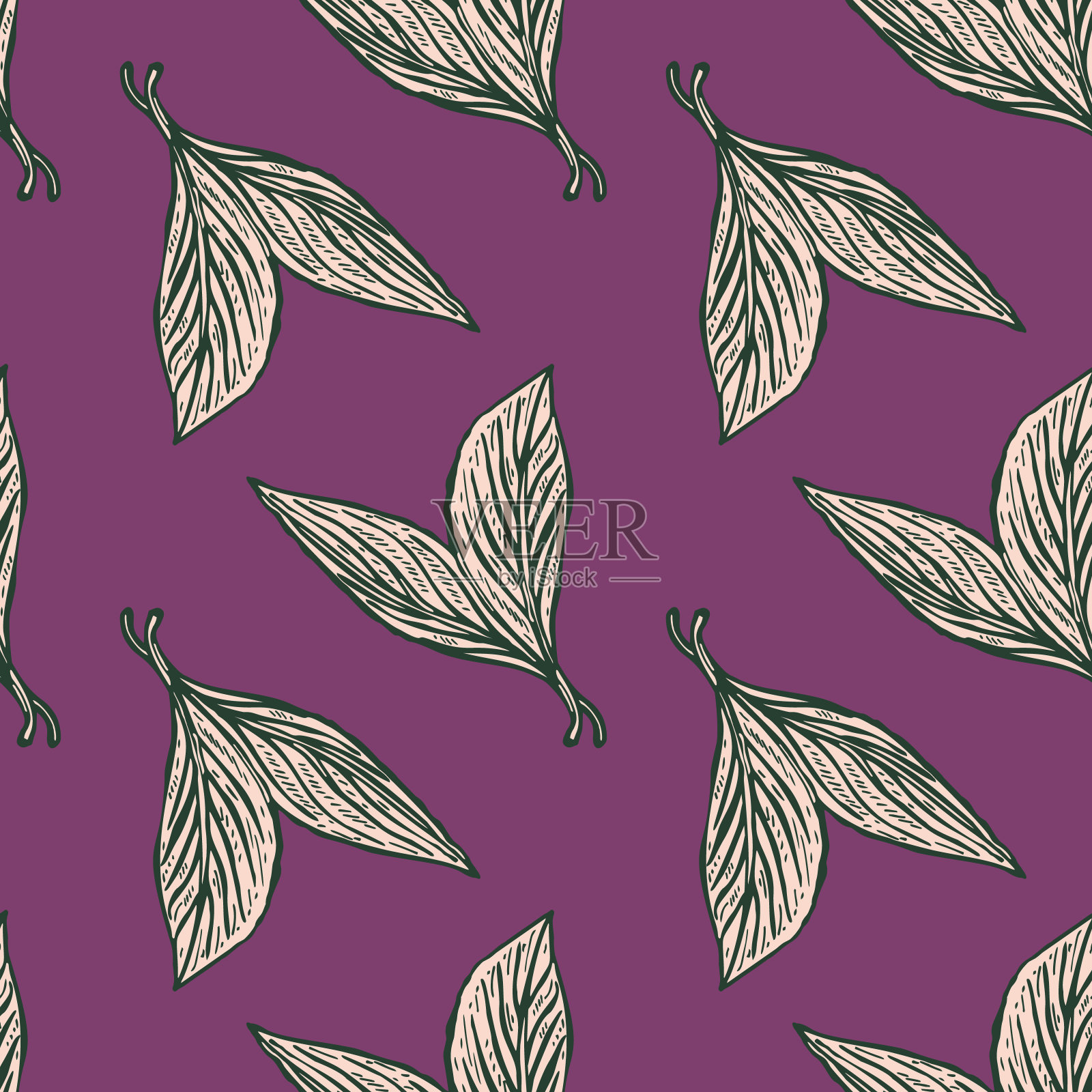 无缝图案雕刻树叶。复古背景的茶叶手绘风格。插画图片素材