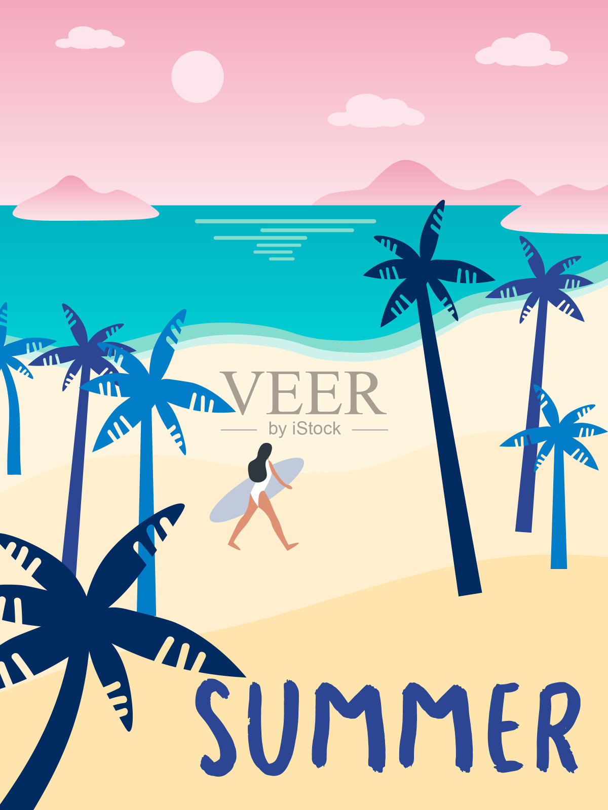 棕榈树，大海，女孩和海滩的复古海报。古老的明信片，岛上暑假的概念。矢量插图。每股收益插画图片素材