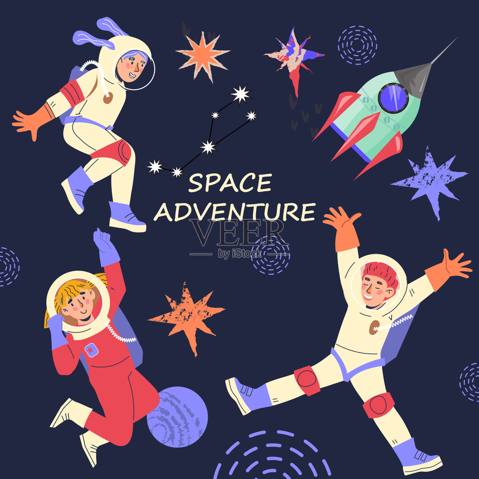 太空探险儿童横幅或海报与儿童宇航员，矢量。插画图片素材