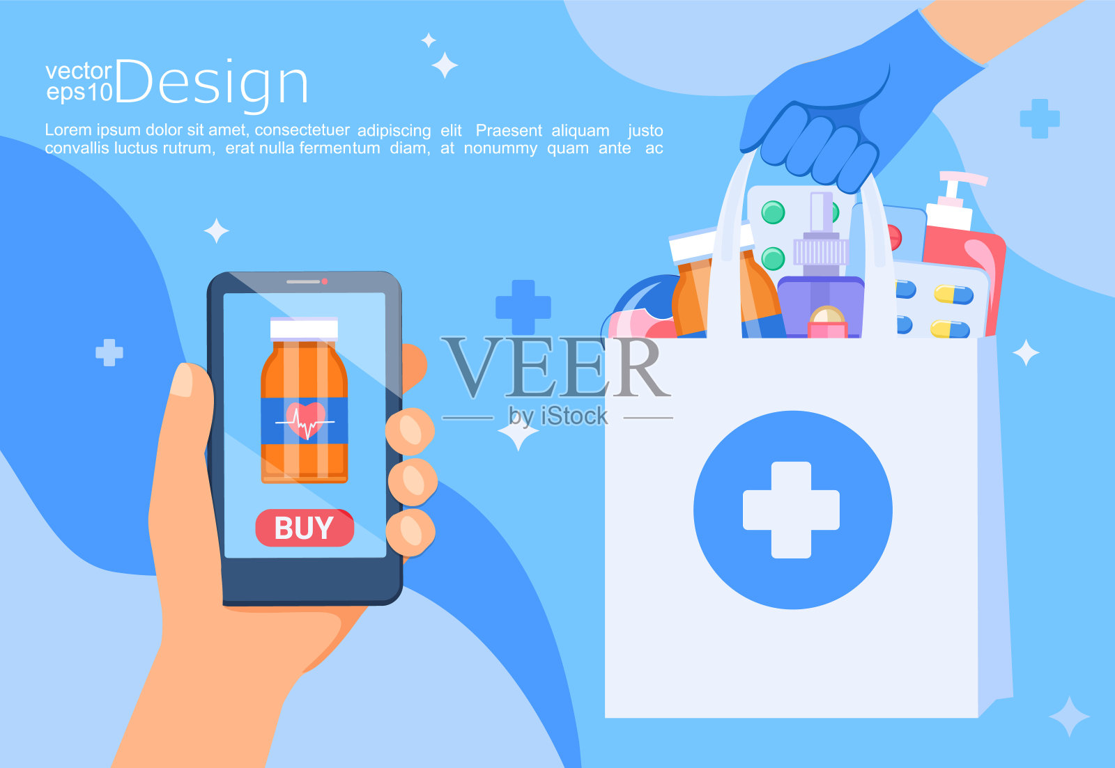 手与手机在线订购药品。插画图片素材