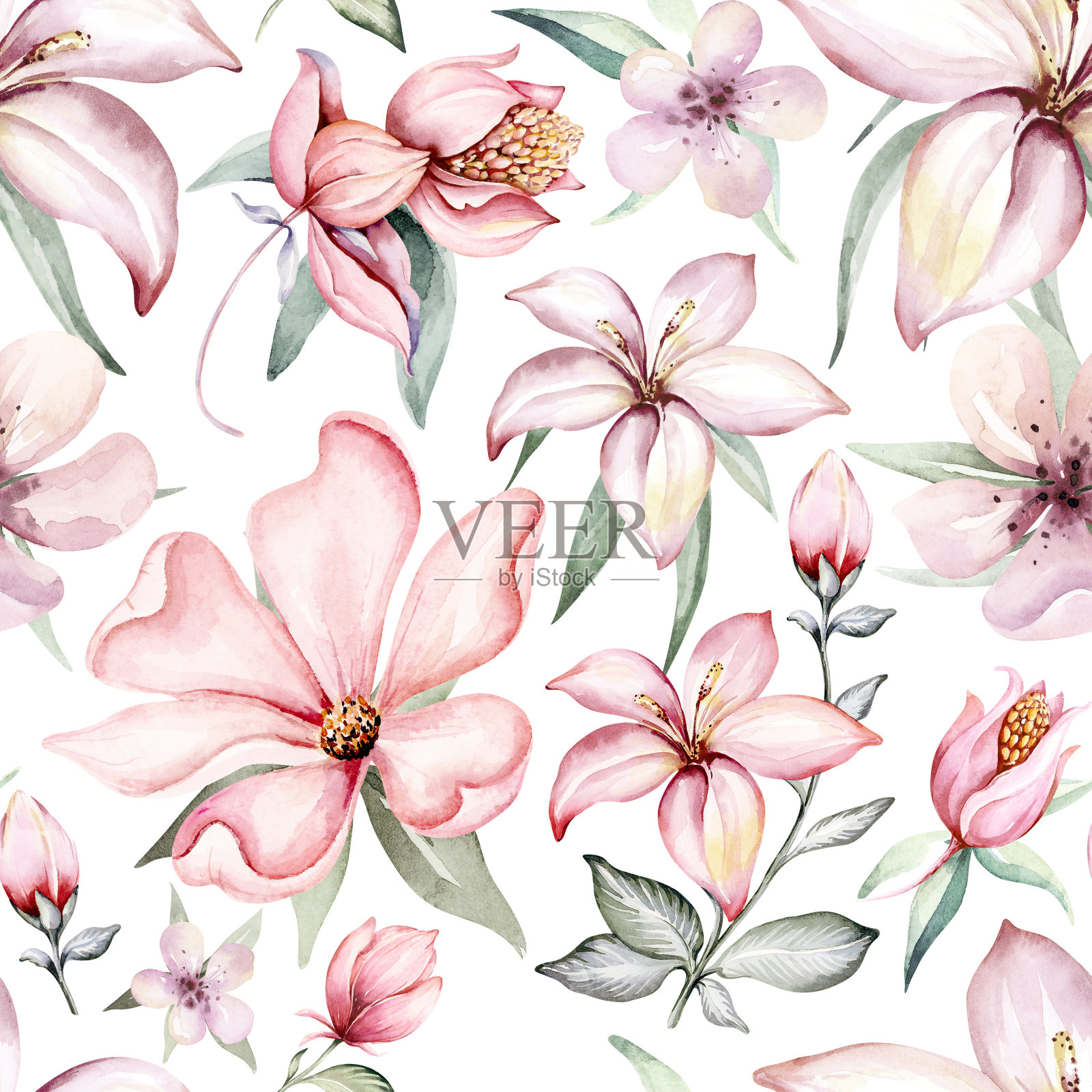 热带水彩鸟类蜂鸟，猴子和美洲虎，异国情调的丛林植物棕榈香蕉叶花朵，火烈鸟粉彩无缝图案织物背景插画图片素材