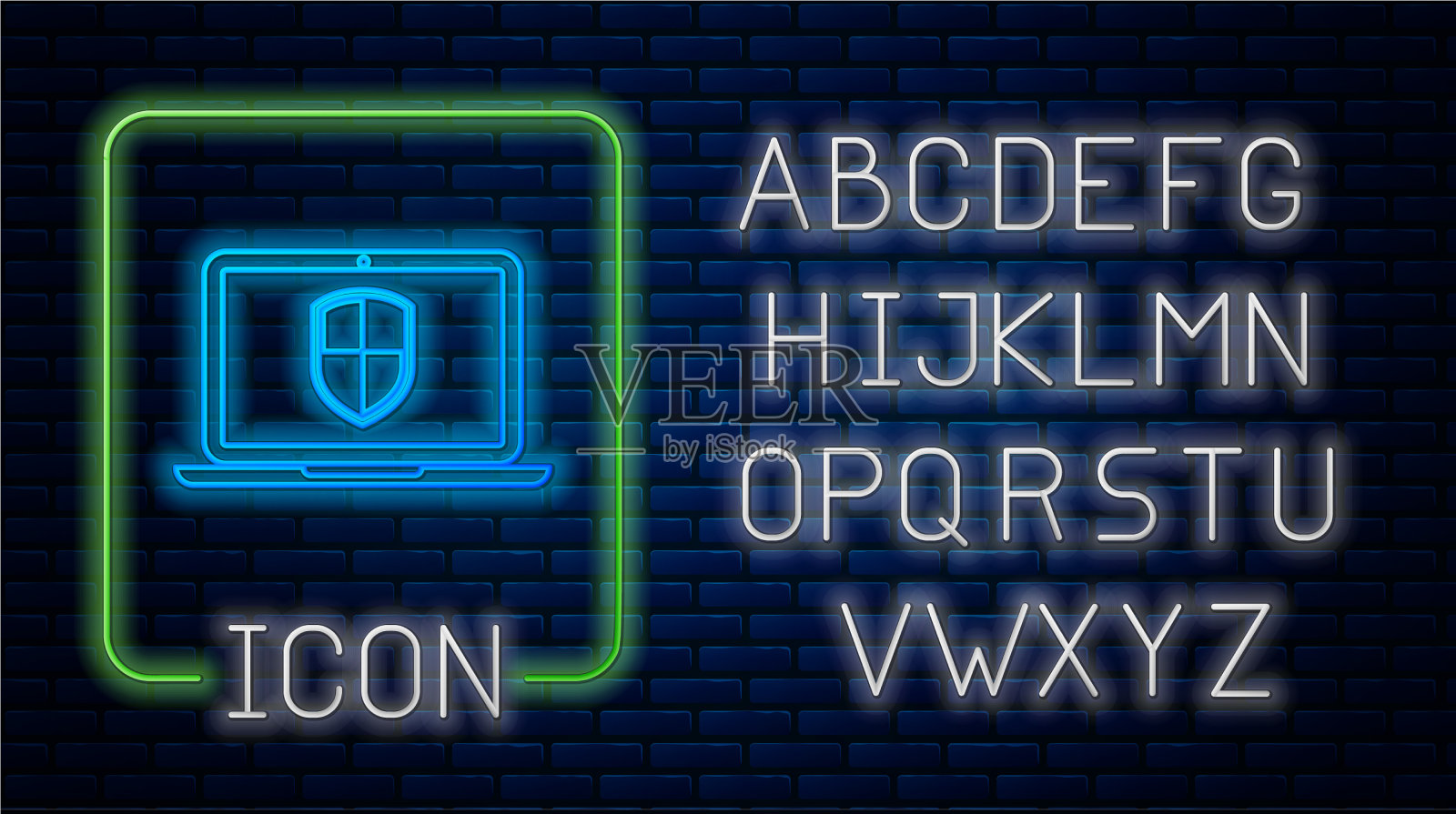 发光的霓虹灯笔记本电脑保护与盾图标插画图片素材