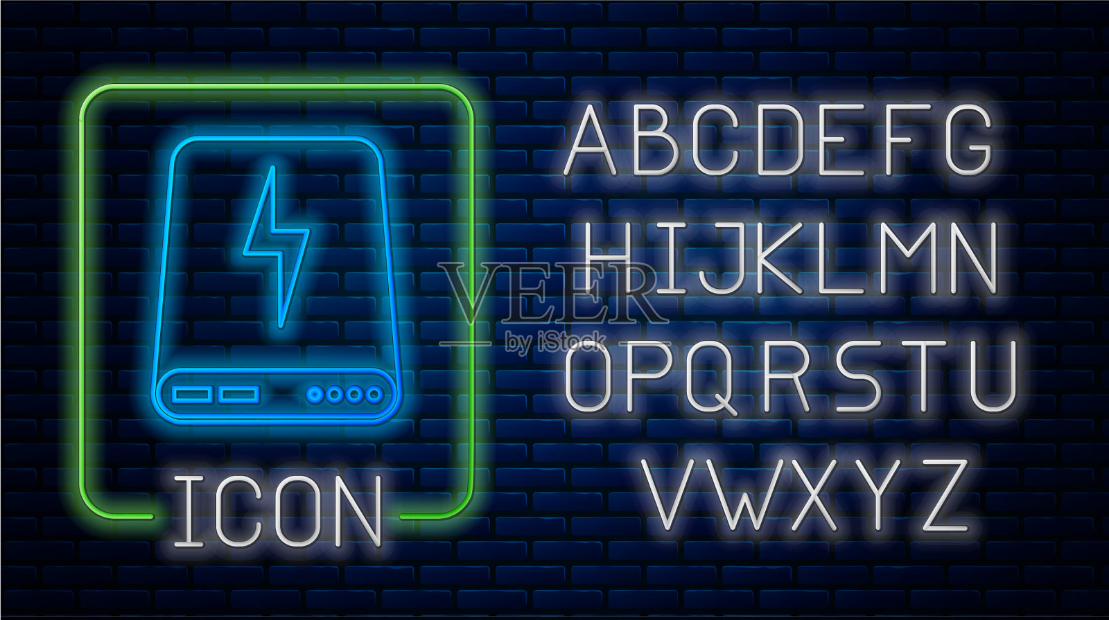 发光的霓虹灯电源银行图标孤立的砖插画图片素材