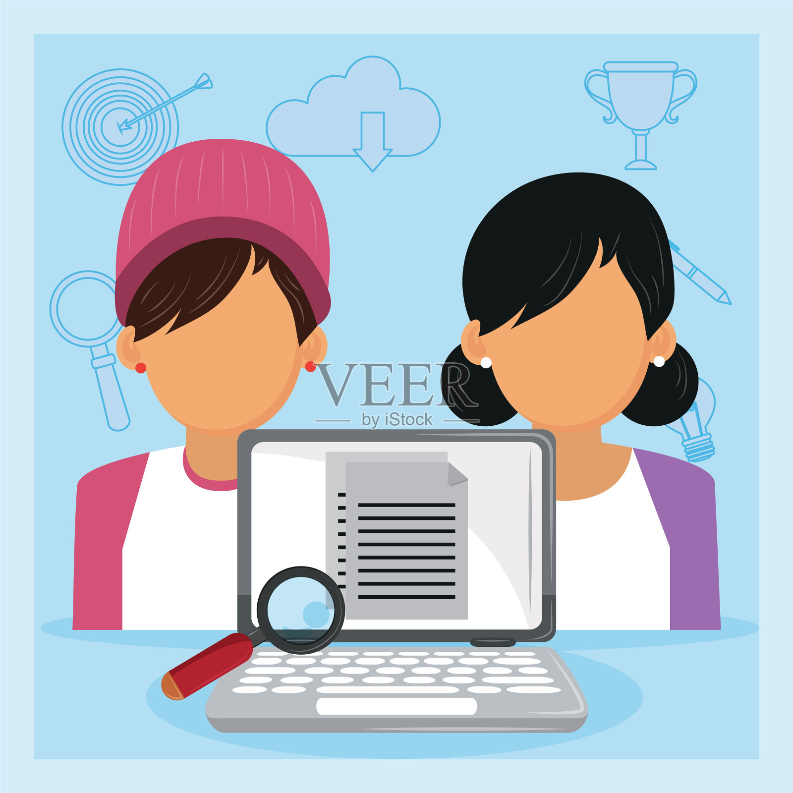 面试时用手提电脑查看员工简历插画图片素材