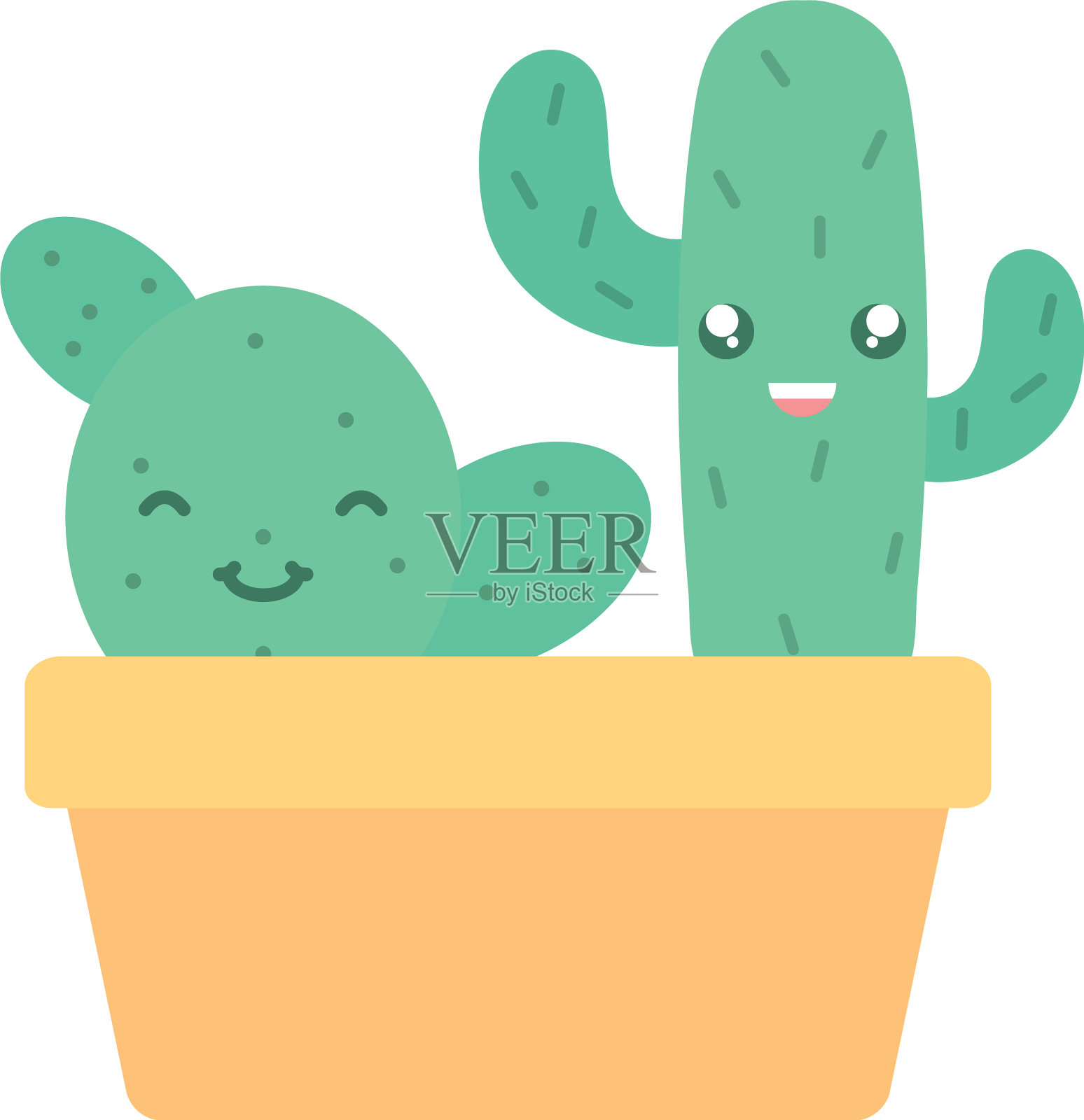 异国情调的仙人掌植物在方形陶瓷花盆卡哇伊设计元素图片