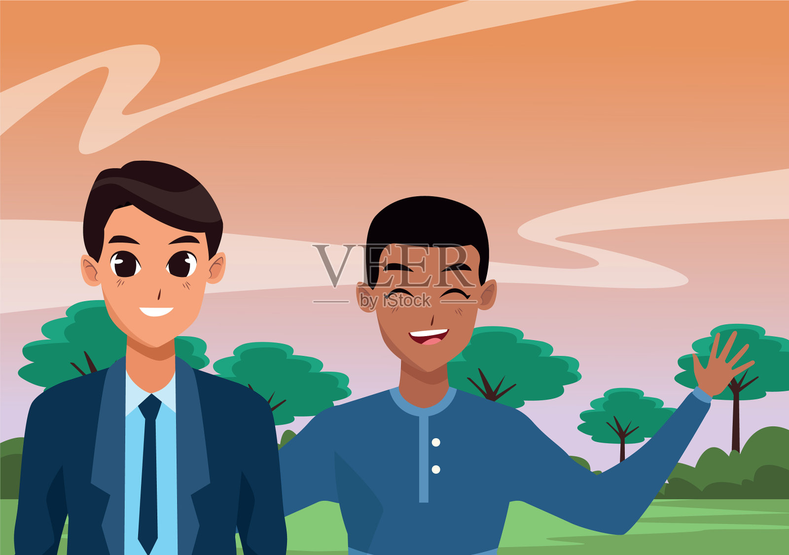 两个男性朋友微笑着打招呼插画图片素材