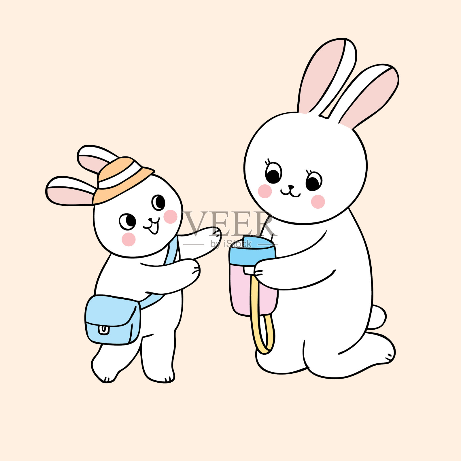 可爱的卡通兔妈妈和小兔子回到学校插画图片素材