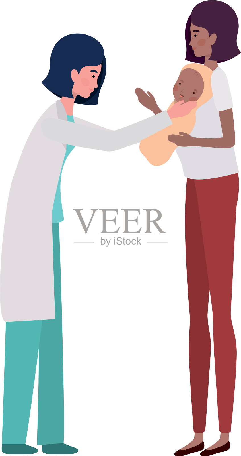 孤立的母亲与婴儿和医生设计插画图片素材