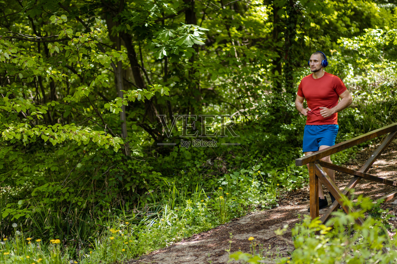截肢的残疾运动员在森林里慢跑照片摄影图片