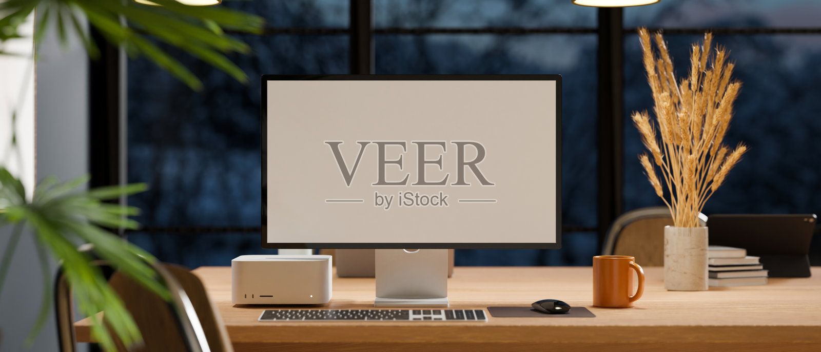 近景，现代工作场所的空白空白屏幕的电脑照片摄影图片