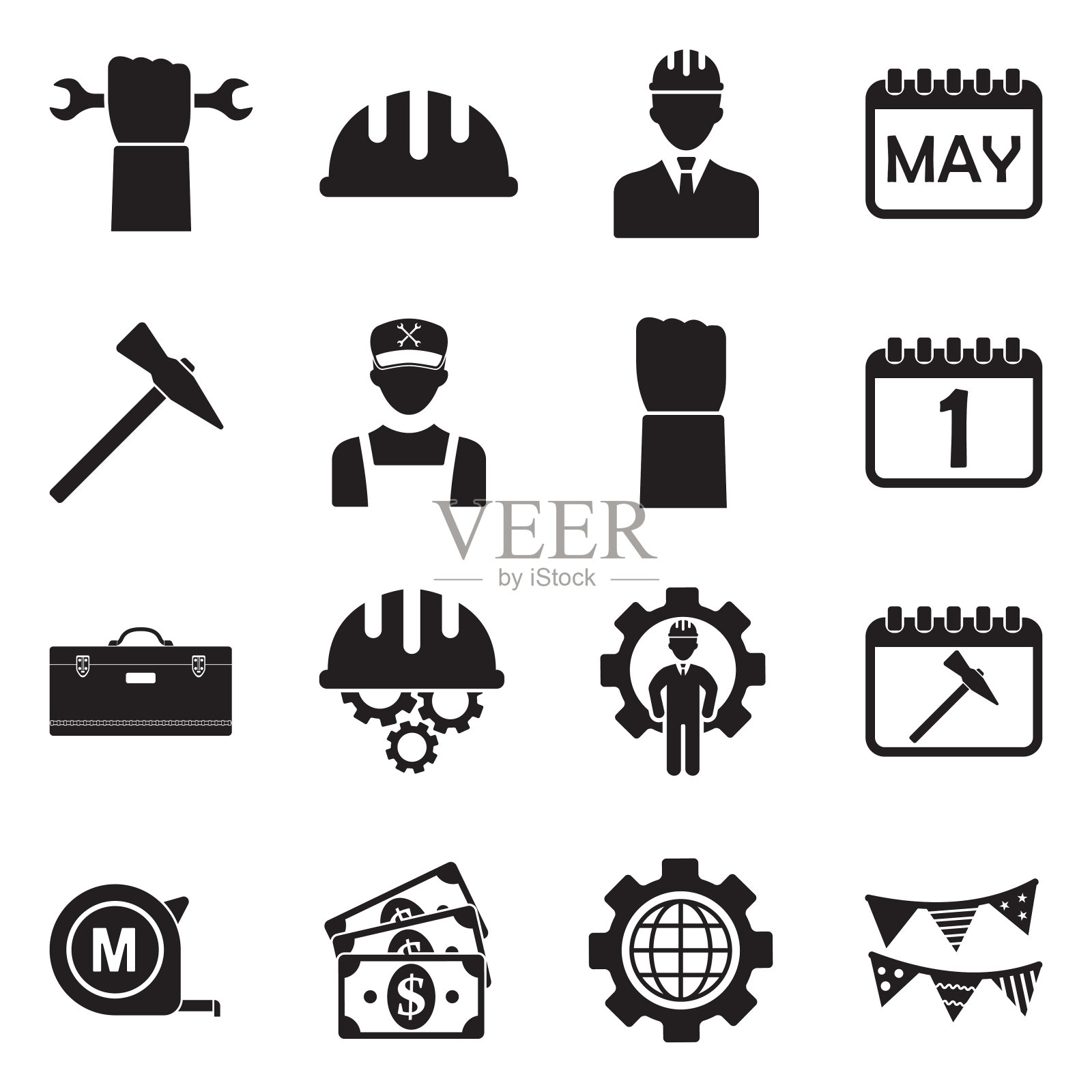 劳动节图标。黑色的平面设计。矢量插图。图标素材