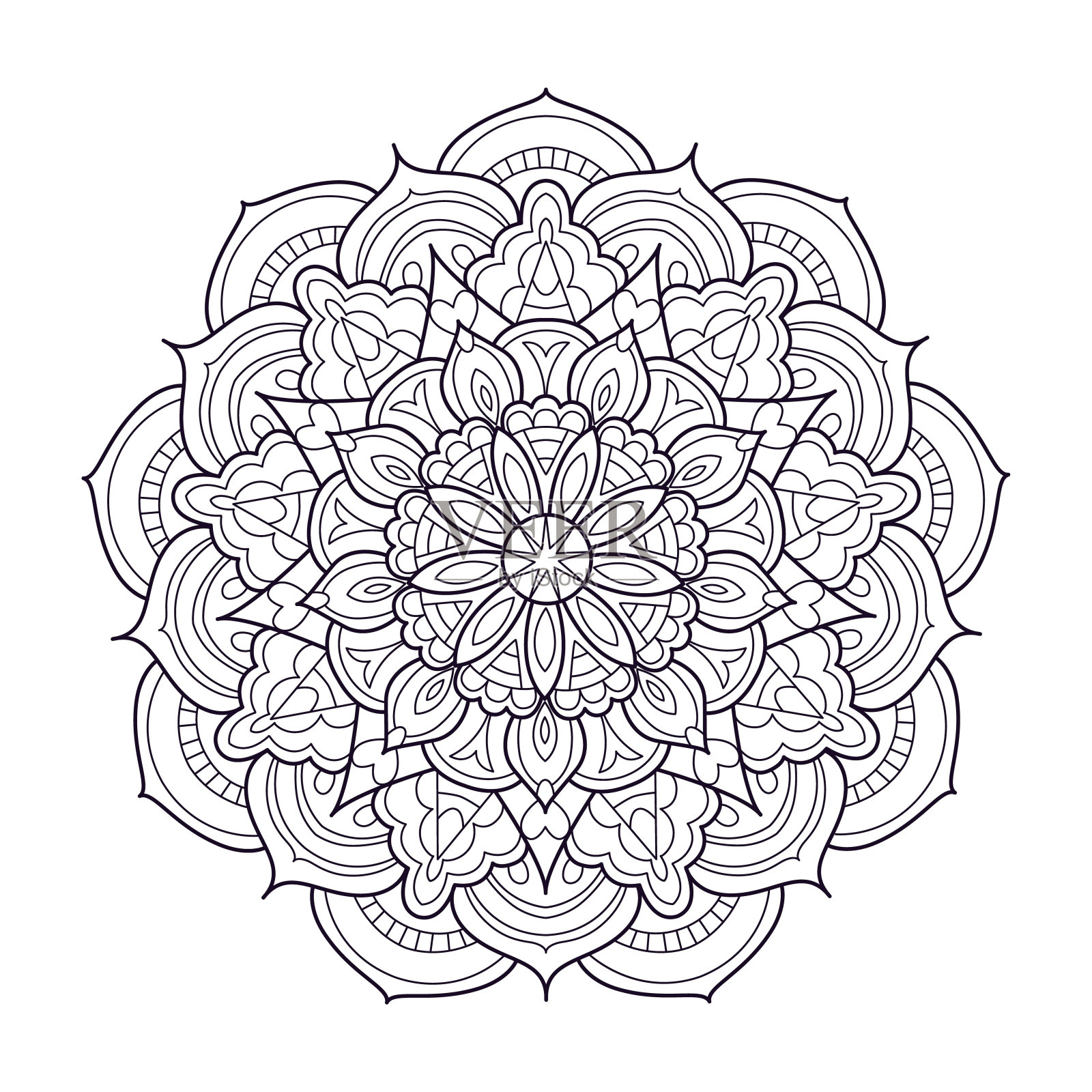 美丽的圆形有图案的曼荼罗。容易上色。线性的。曼荼罗为页面上色。插画图片素材