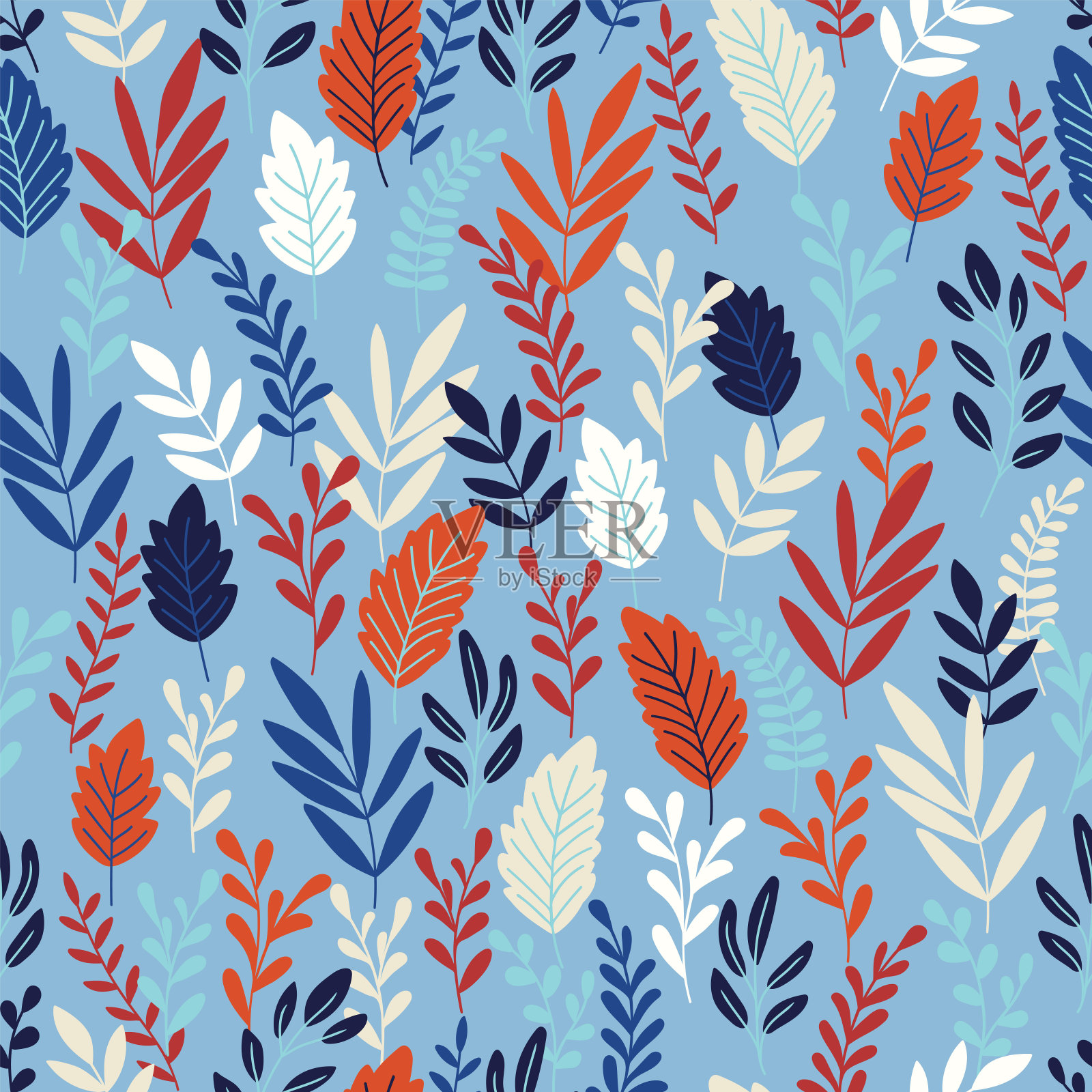 植物向量背景。可爱的彩色无缝图案手绘树叶和树枝。简单时尚的印花织物，壁纸，文具，包装纸插画图片素材