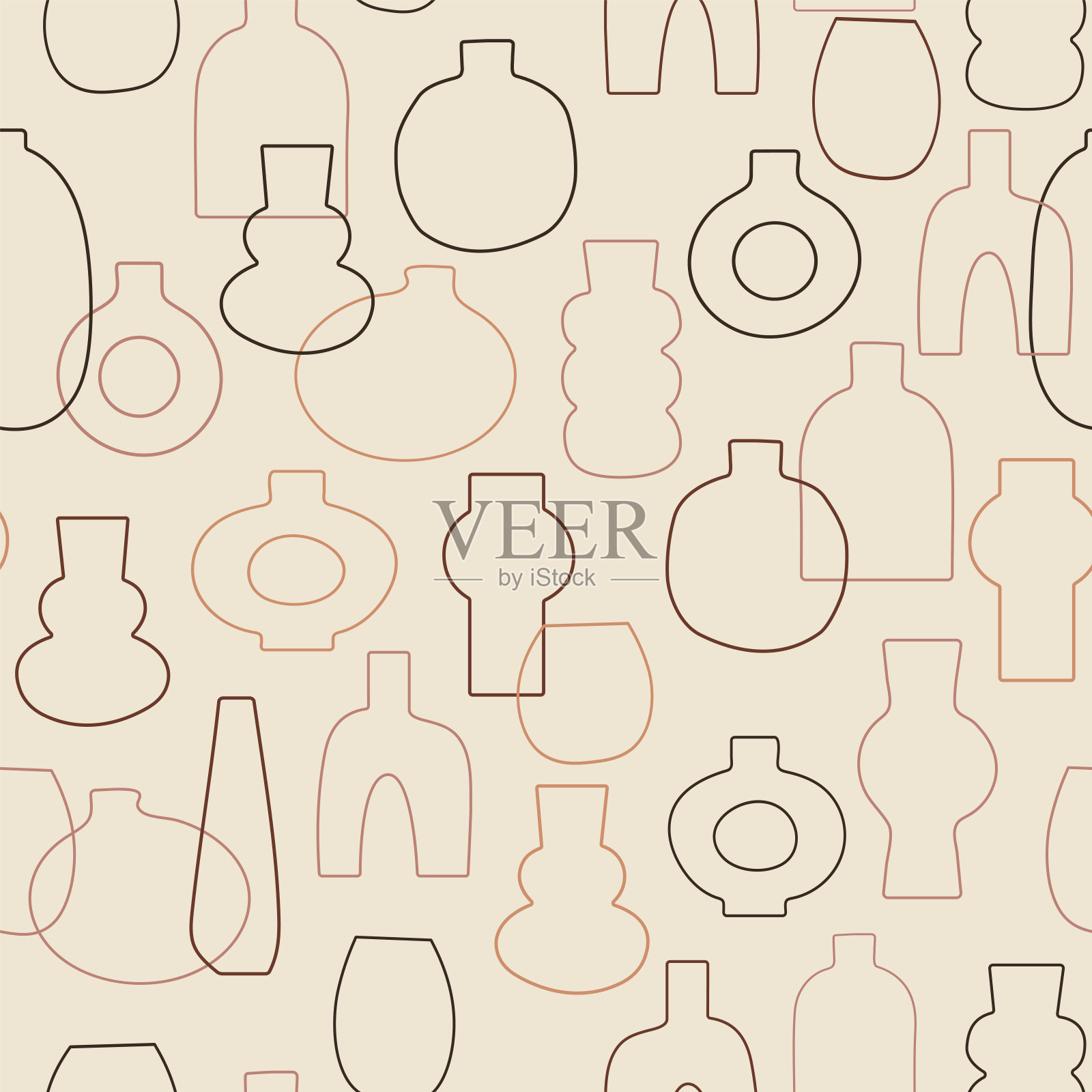 古董花瓶矢量插图。土色无缝图案。现代极简主义背景的社交媒体，网页横幅。时尚印花面料，包装纸，包装品牌插画图片素材