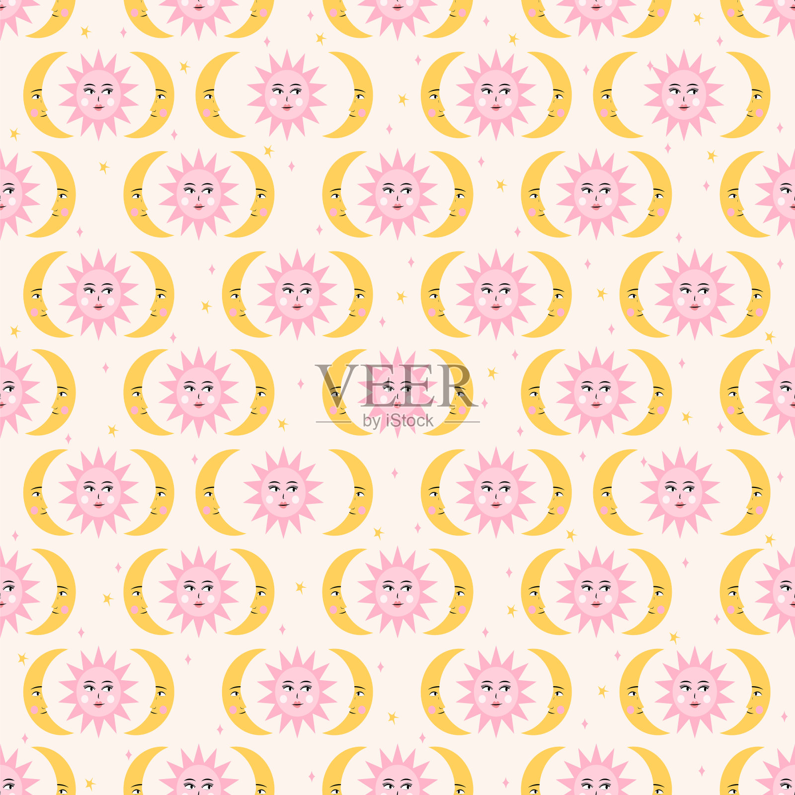 太阳和月亮的无缝图案。可爱的手绘矢量背景与行星。完美的创造织物，纺织品，包装纸，包装。插画图片素材
