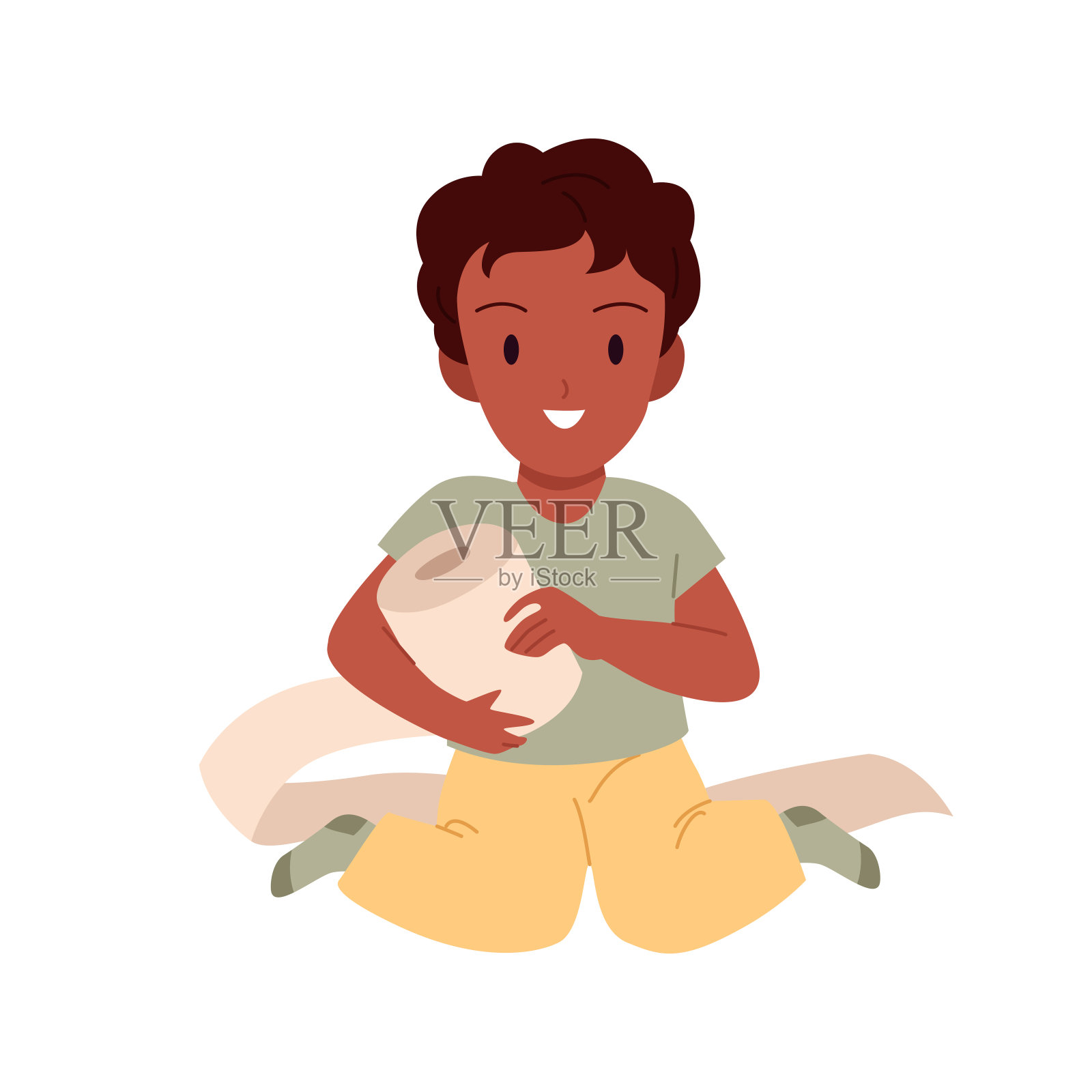 可爱的男孩在玩厕纸卷，有趣的小孩坐在浴室的地板上插画图片素材