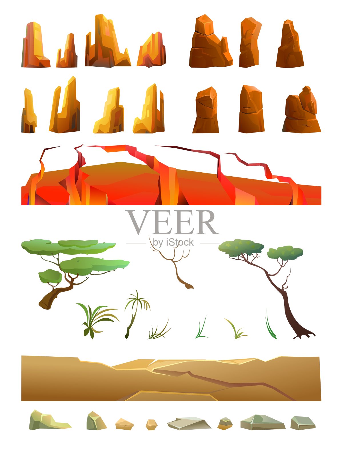 一组岩石景观。孤立在白色背景。锋利的石头悬崖。一个无人居住的星球。地壳的裂缝。白天去沙漠。向量插画图片素材