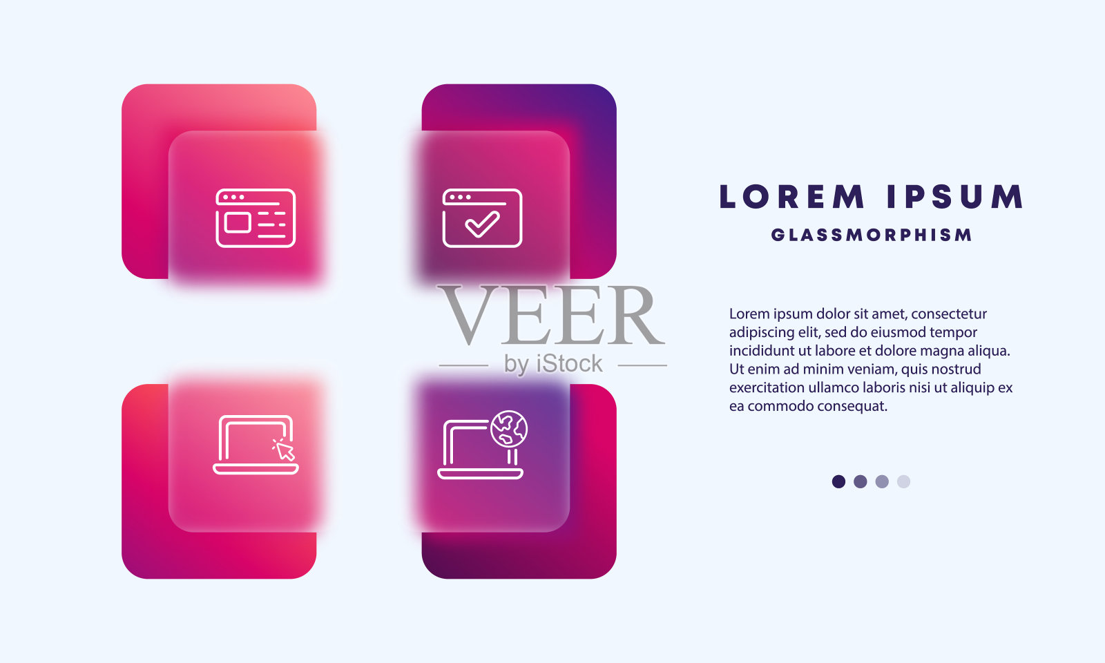 电脑图标。笔记本电脑，网站，www，世界wibe web。它的概念。Glassmorphism风格。矢量线图标的业务和广告插画图片素材