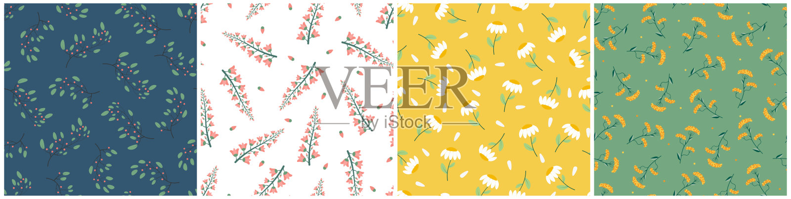 套彩色无缝花卉图案-手绘设计。带有树枝和花朵的可重复的夏季背景。纺织无休止的打印。矢量图插画图片素材