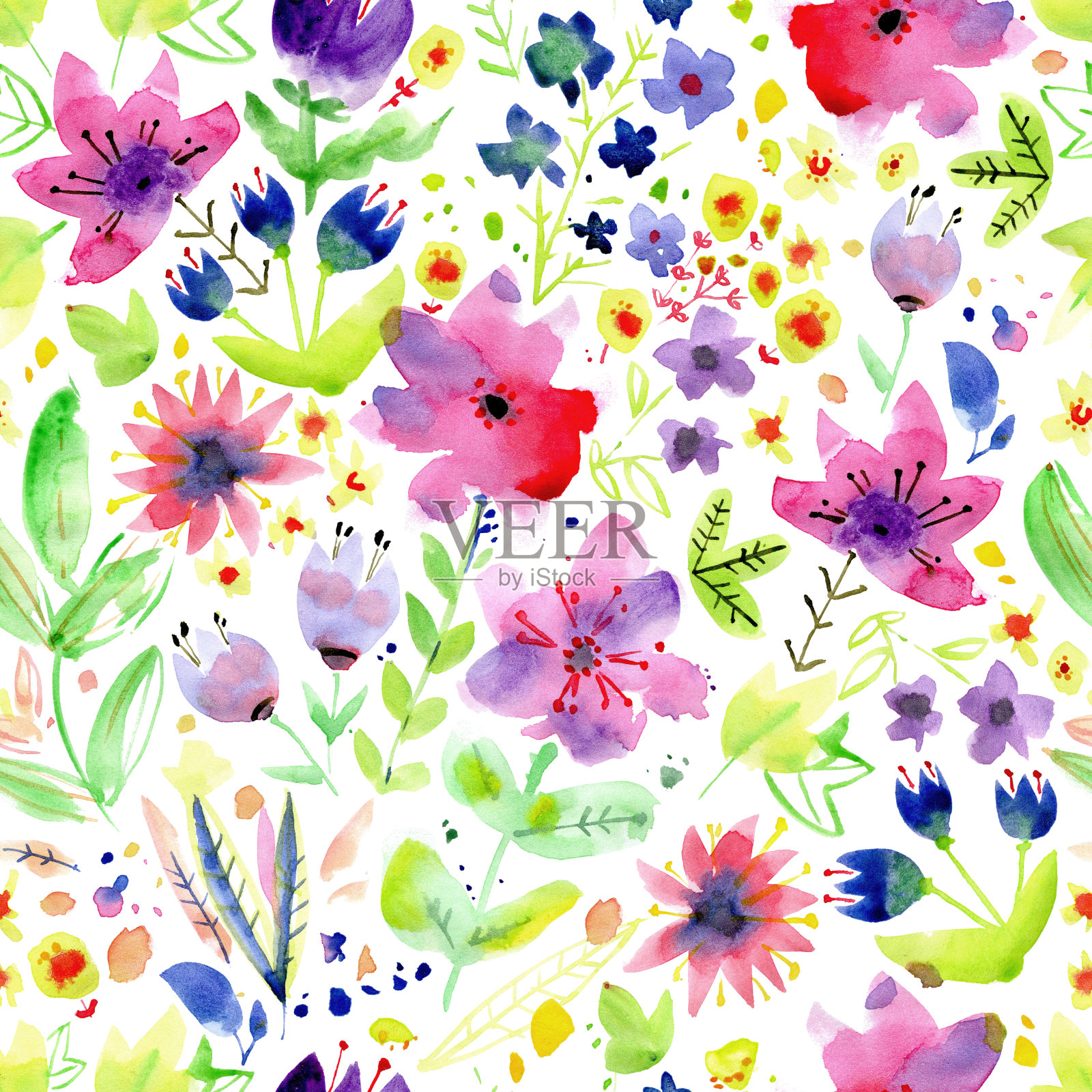 无缝图案与水彩花。鲜嫩多汁。完美的织物，家用纺织品，素描本或笔记本封面，包装纸，墙纸。插画图片素材