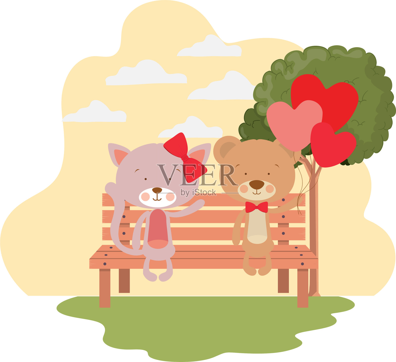 可爱的动物坐在公园的椅子上插画图片素材