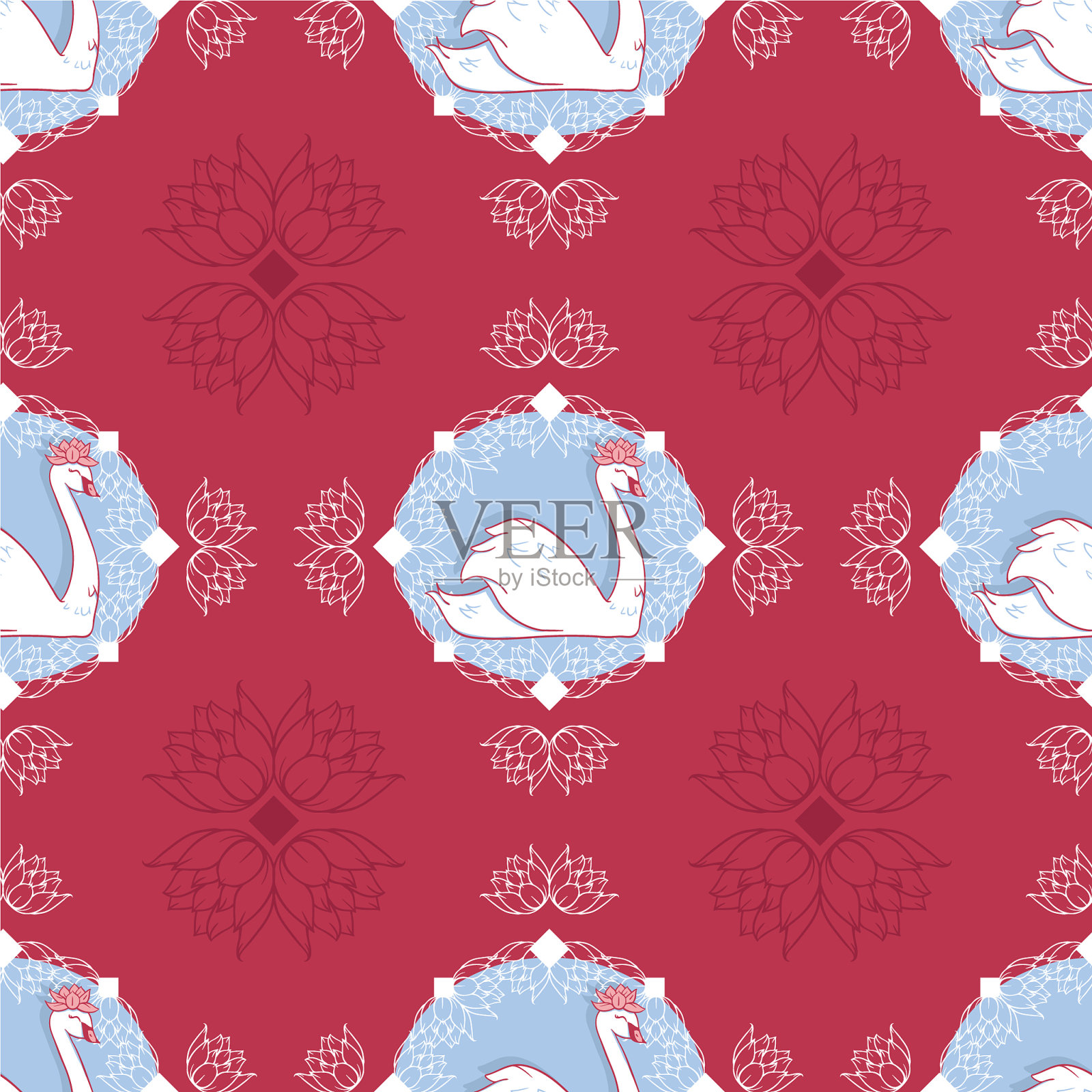 与睡莲在红色天鹅浮雕插画图片素材