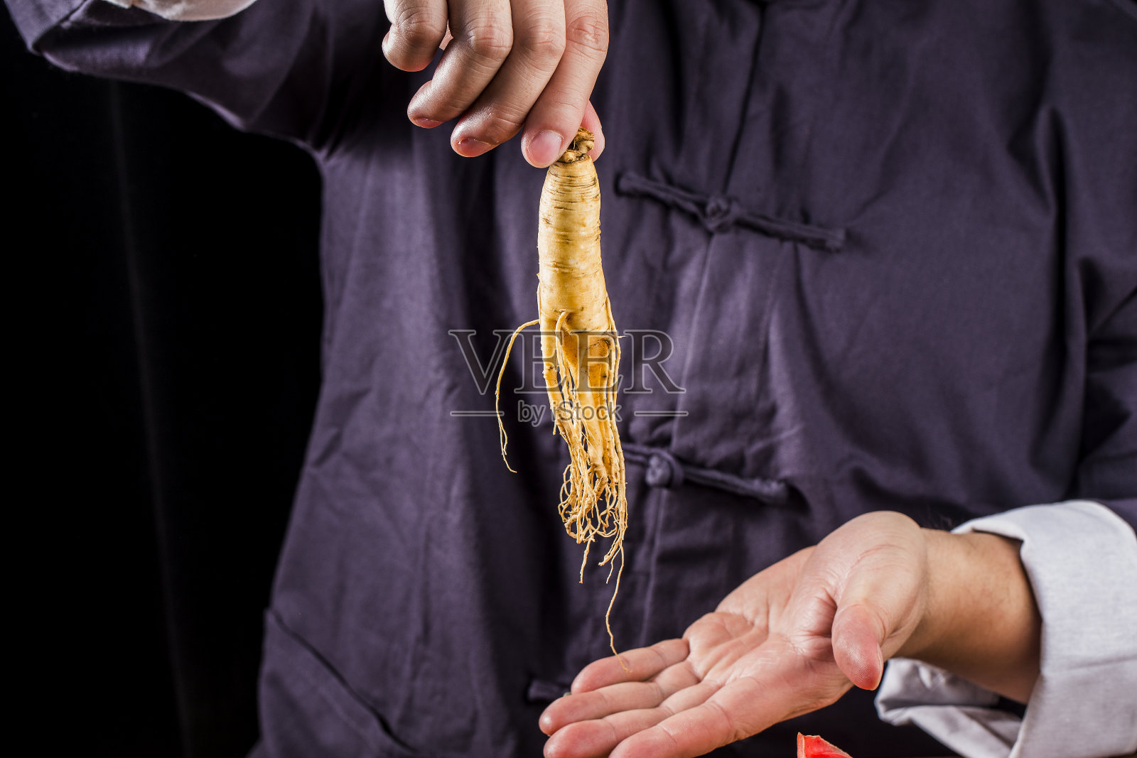 一位中医正在挑选人参，这是一种中药照片摄影图片