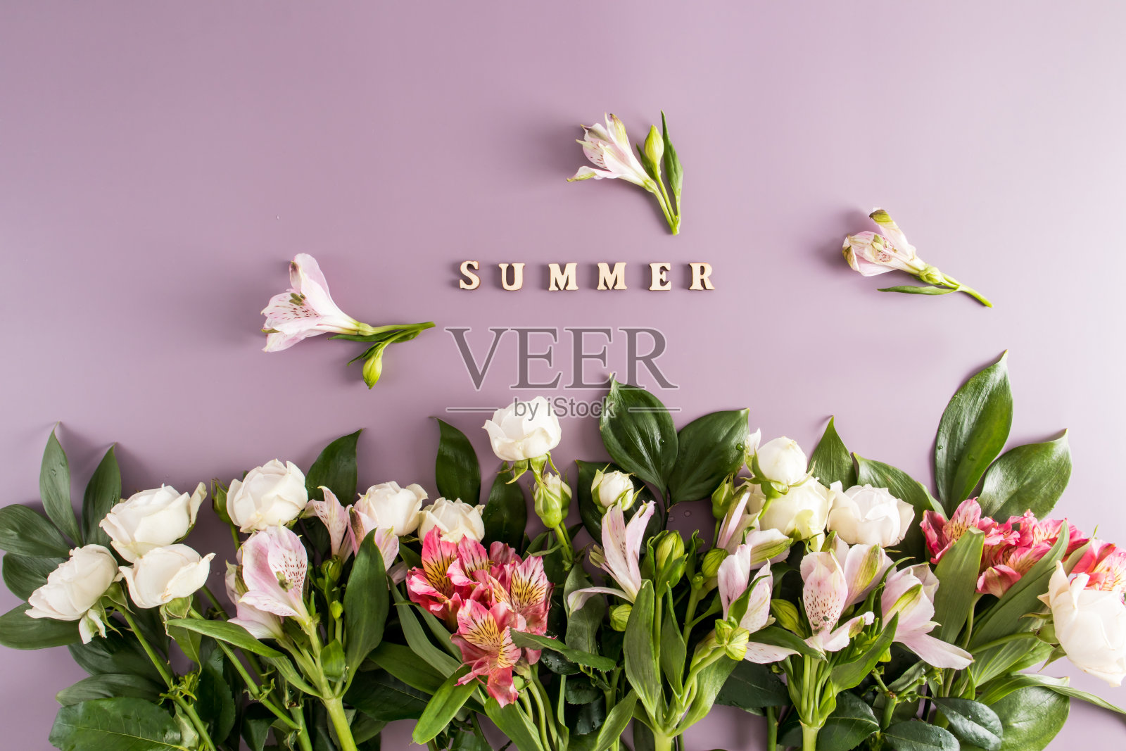 夏天的作文由美丽的阿尔施蒂梅和玫瑰花在柔和的背景。植物区系装饰。天然植物的背景。引用夏天木制的字母照片摄影图片