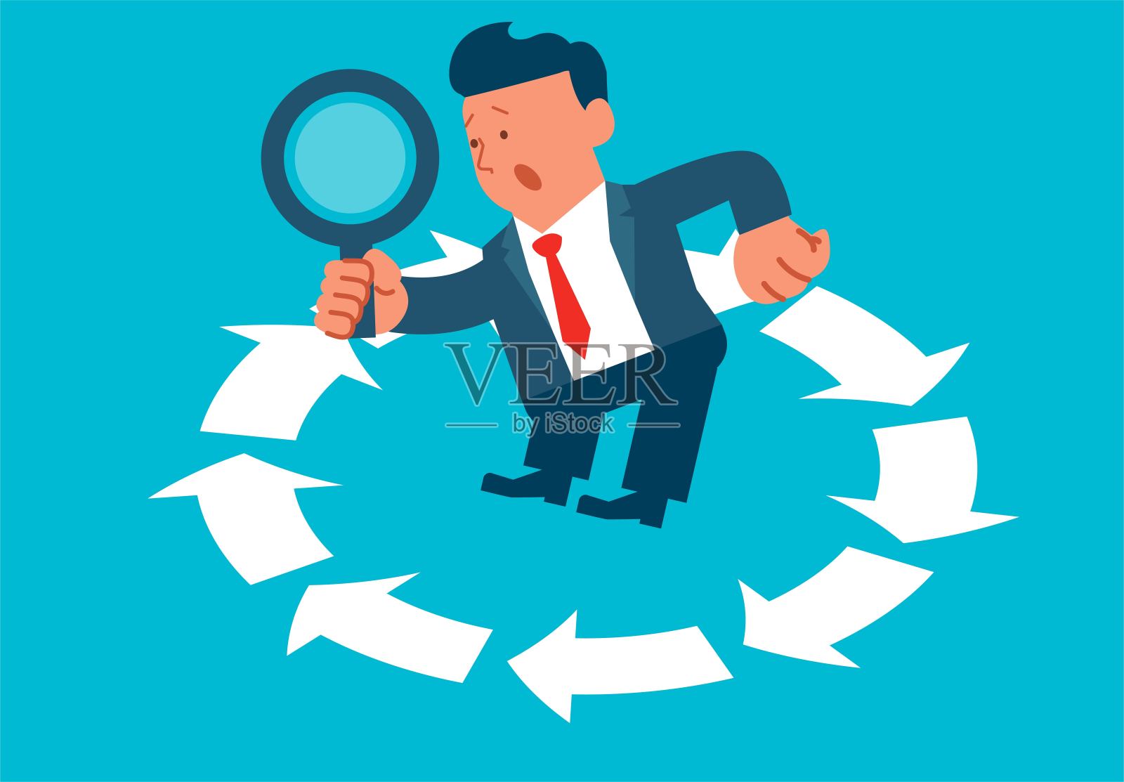 失意的商人拿着放大镜困在无限循环的箭头里，想法和想法还是人生的死胡同，没有出路，人生哲学，企业文化。插画图片素材