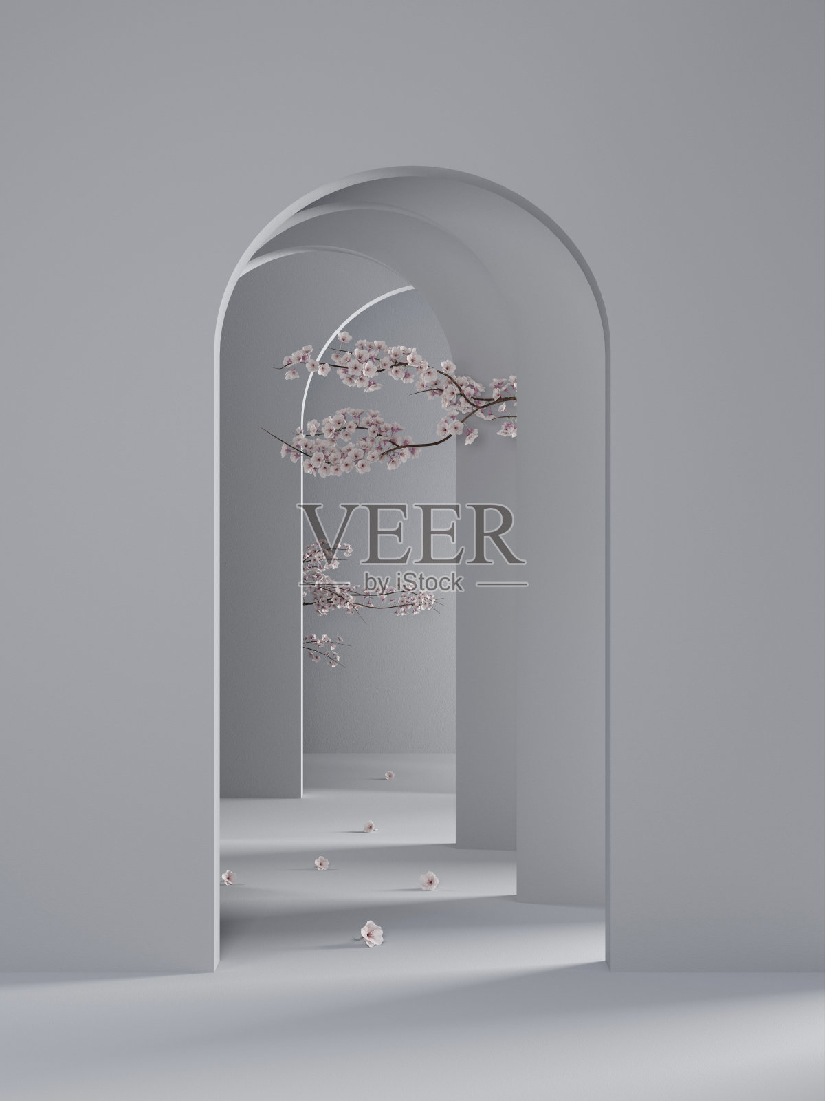 随机拱门入口与樱花3D渲染插图照片摄影图片