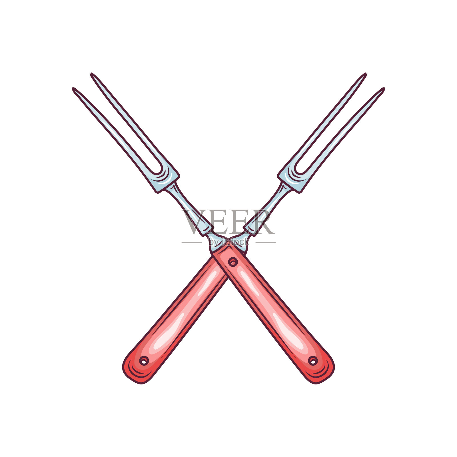 厨房烹饪干草叉或肉叉器皿，手绘彩色矢量插图孤立在白色背景。长柄烧烤叉。插画图片素材