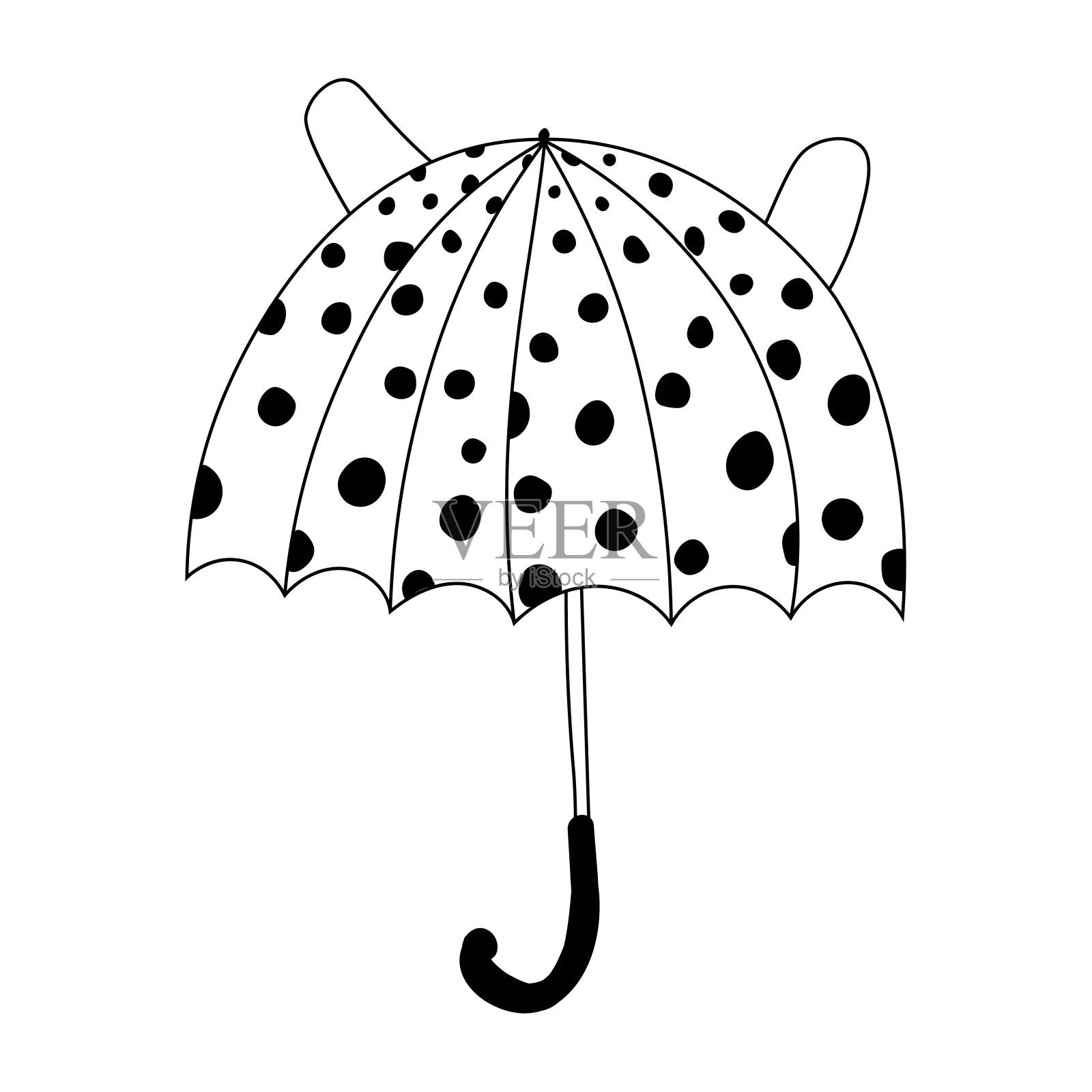 童趣伞用耳朵轮廓素描，可爱的伞孤立在白色的背景上，轮廓黑白的伞插画图片素材