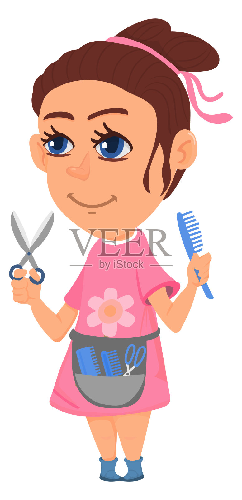 拿着剪刀和发刷的理发师女孩。孩子的职业角色设计元素图片