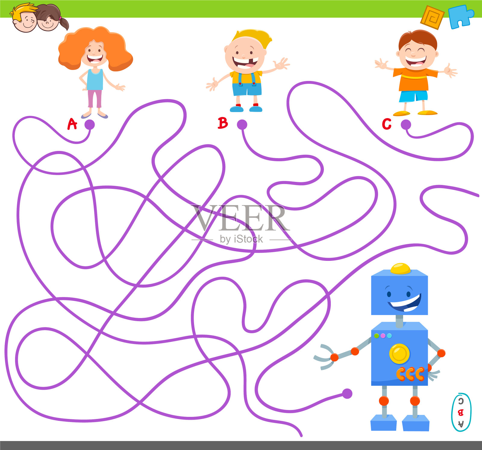 迷宫游戏与有趣的机器人角色插画图片素材