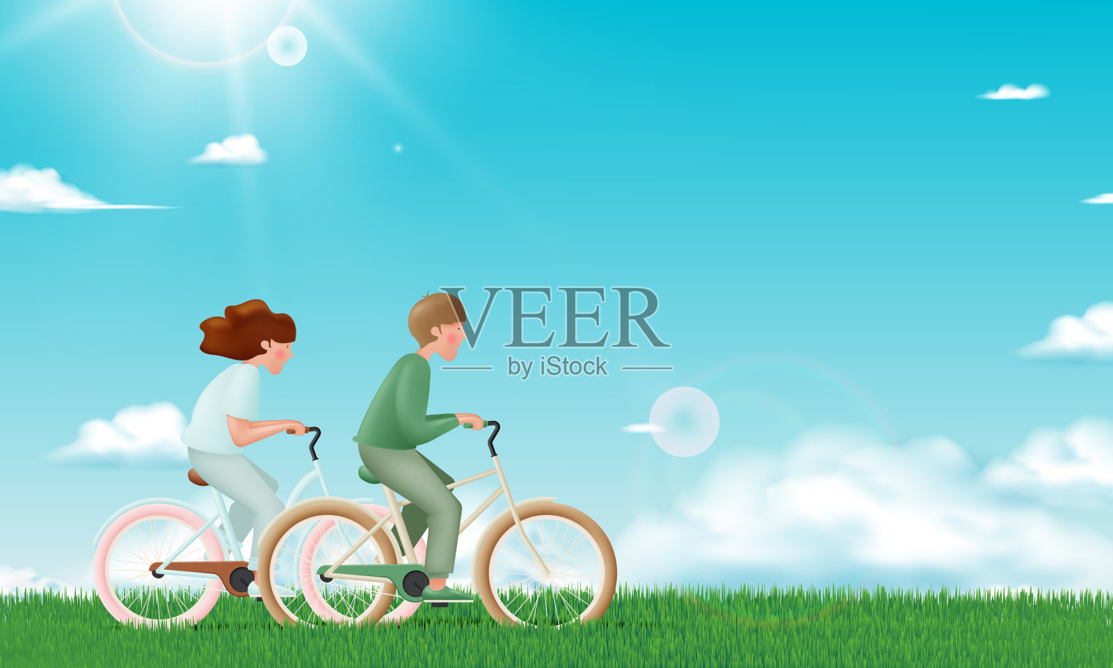 年轻夫妇在世界自行车日和无车日骑自行车插画图片素材