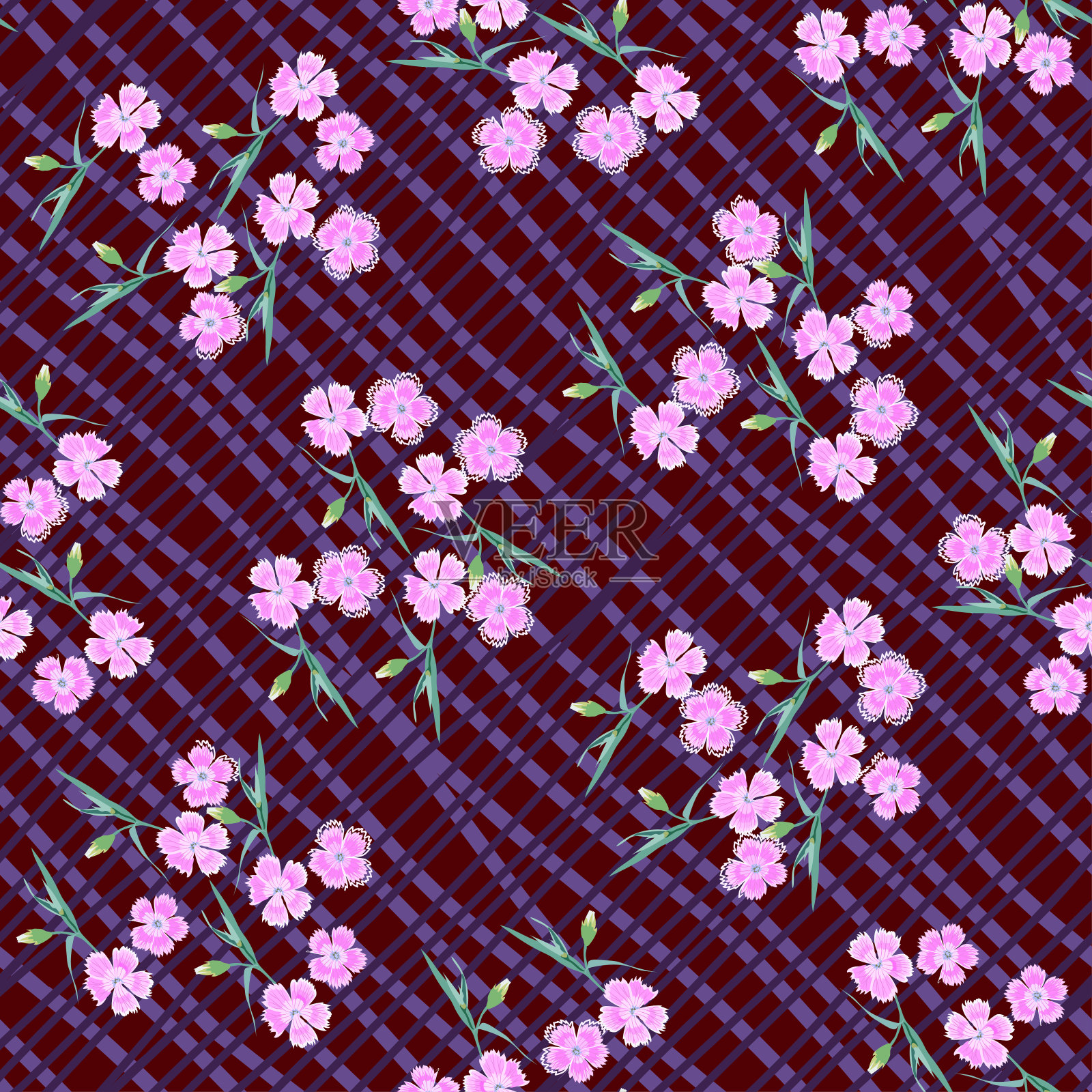 矢量无缝花卉图案对角条纹在柔和的颜色和粉红色小粉红色野花康乃馨与芽在紫红色的背景。插画图片素材