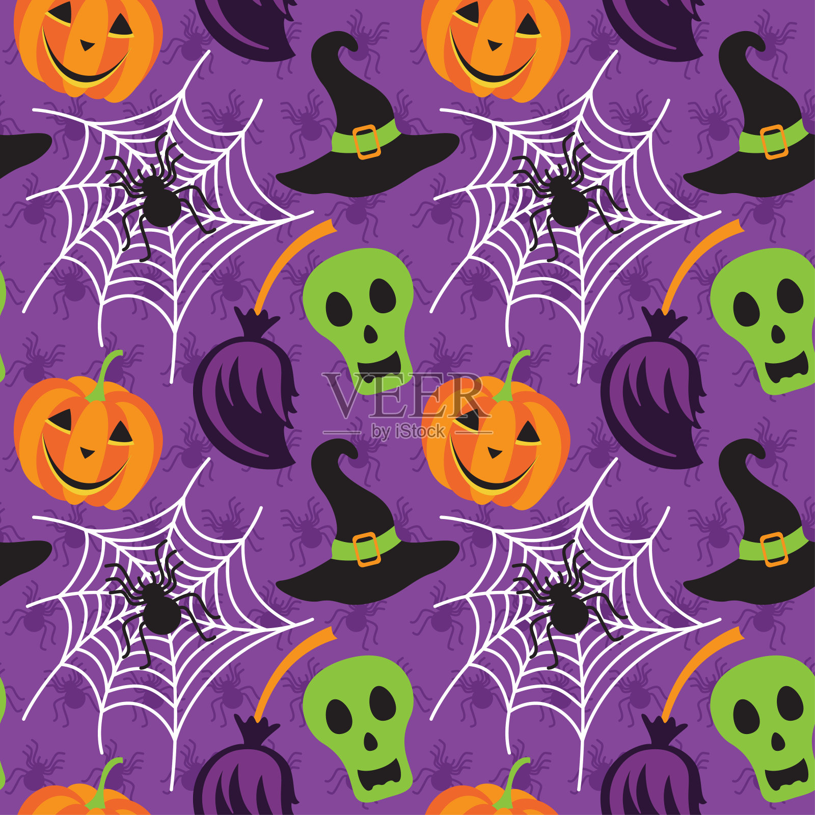 矢量无缝图案与万圣节符号:蜘蛛网，南瓜，头骨，蜘蛛，扫帚和魔法帽。万圣节派对海报的设计元素。插画图片素材
