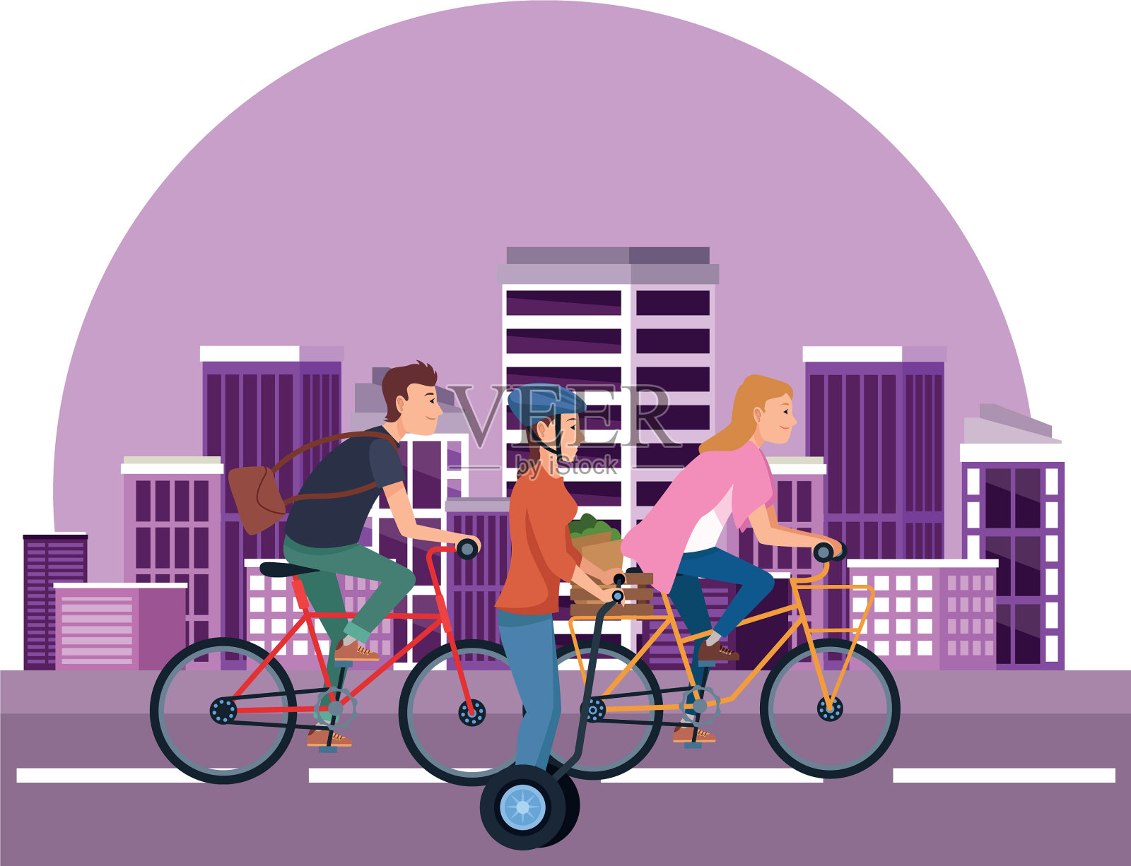 骑自行车和电动滑板车的人插画图片素材