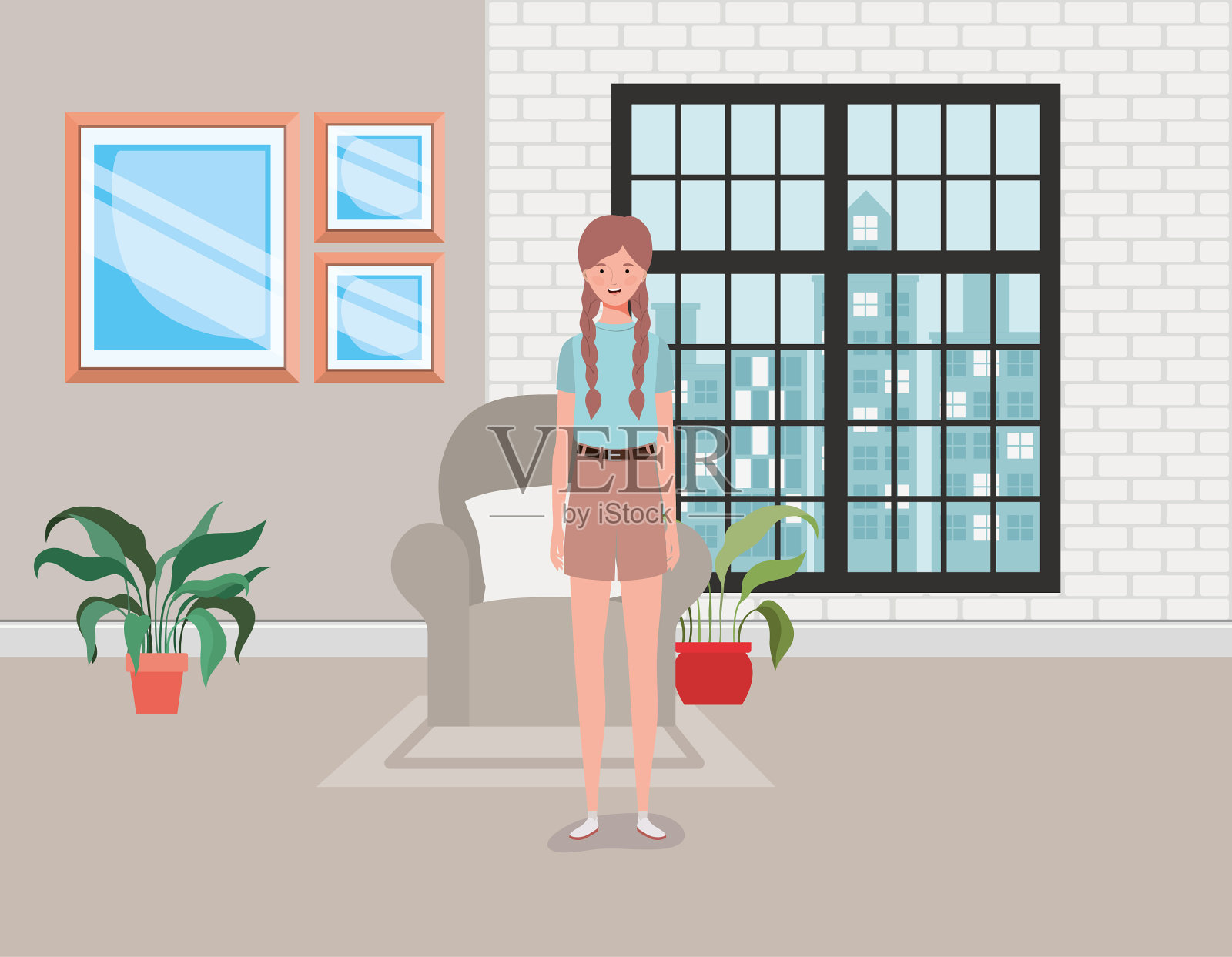 年轻漂亮的女孩在家里插画图片素材