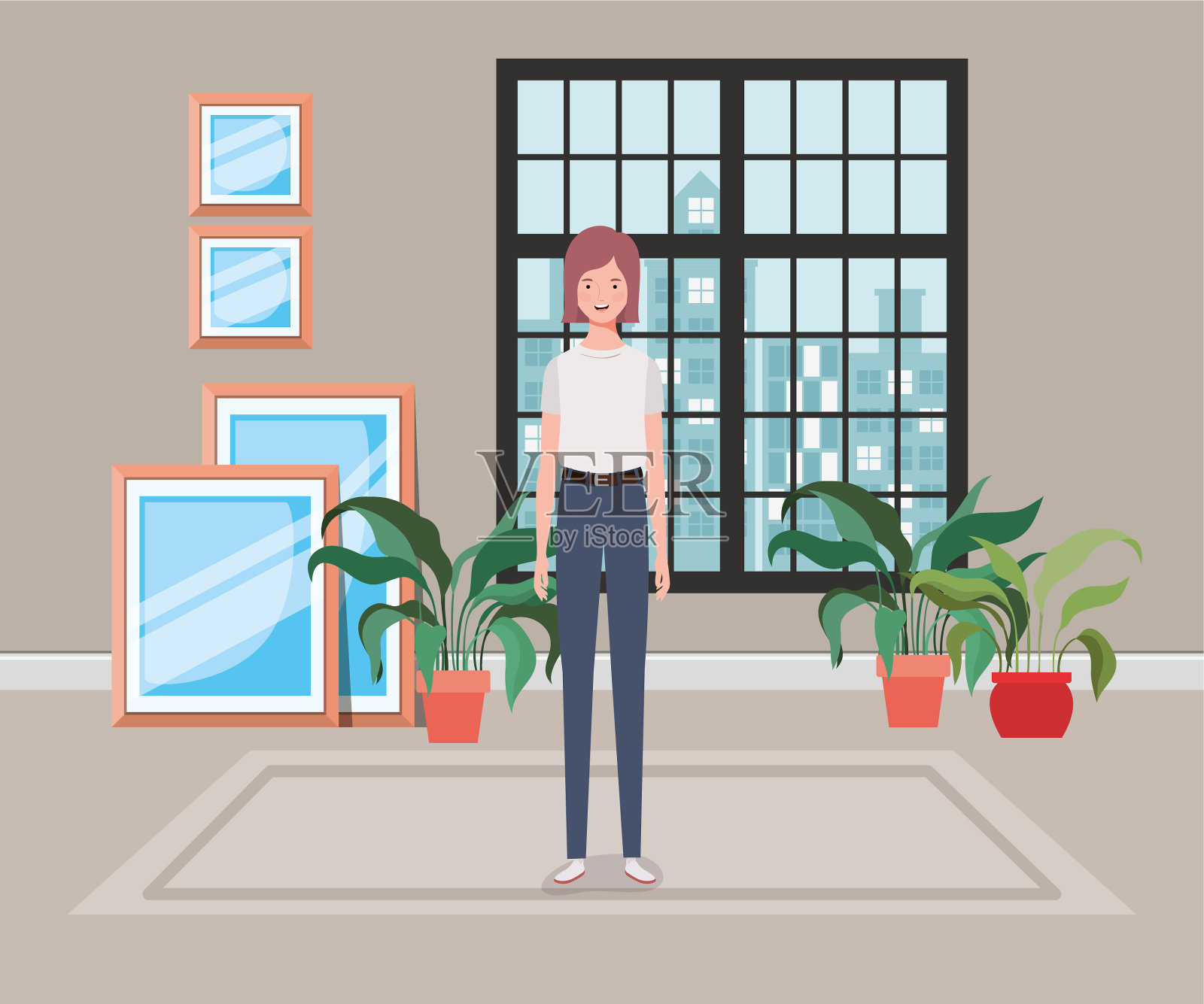 年轻漂亮的女孩在家里插画图片素材