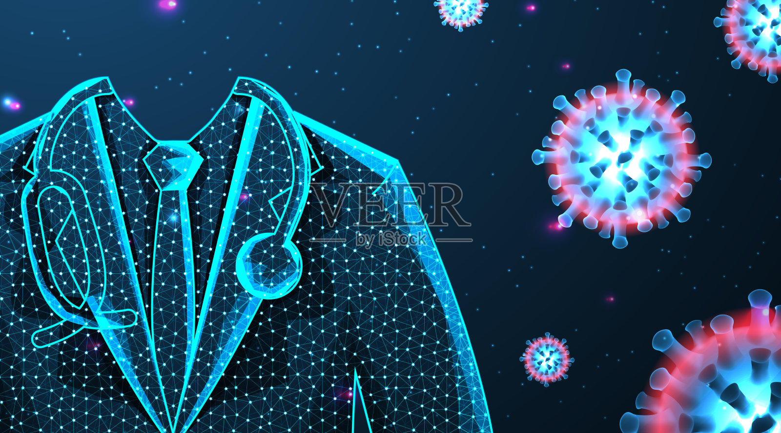 医生做英雄，阻止新冠病毒。矢量插图。低聚线框背景插画图片素材