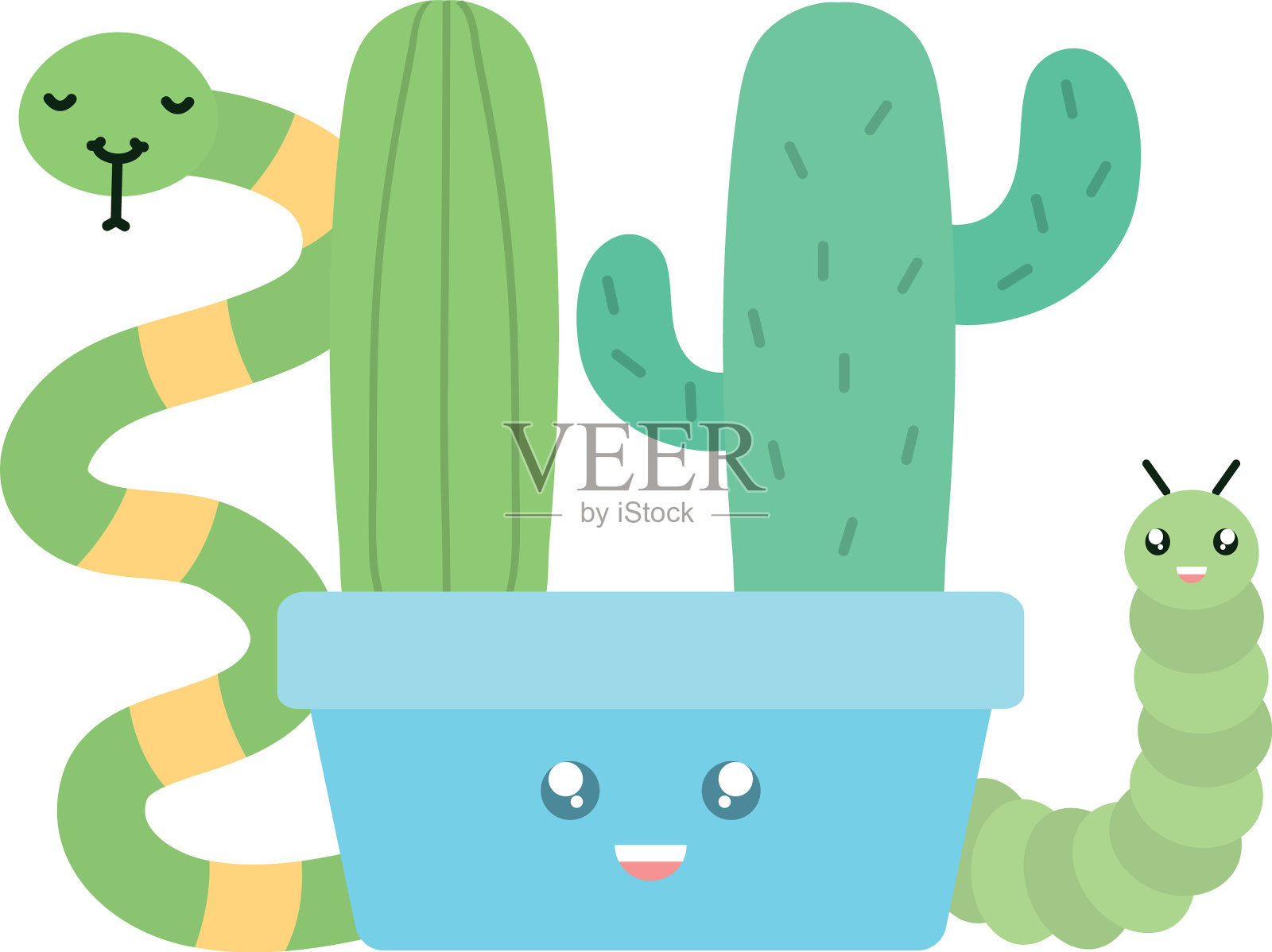 陶瓷花盆里的仙人掌和蛇蠕虫可爱设计元素图片